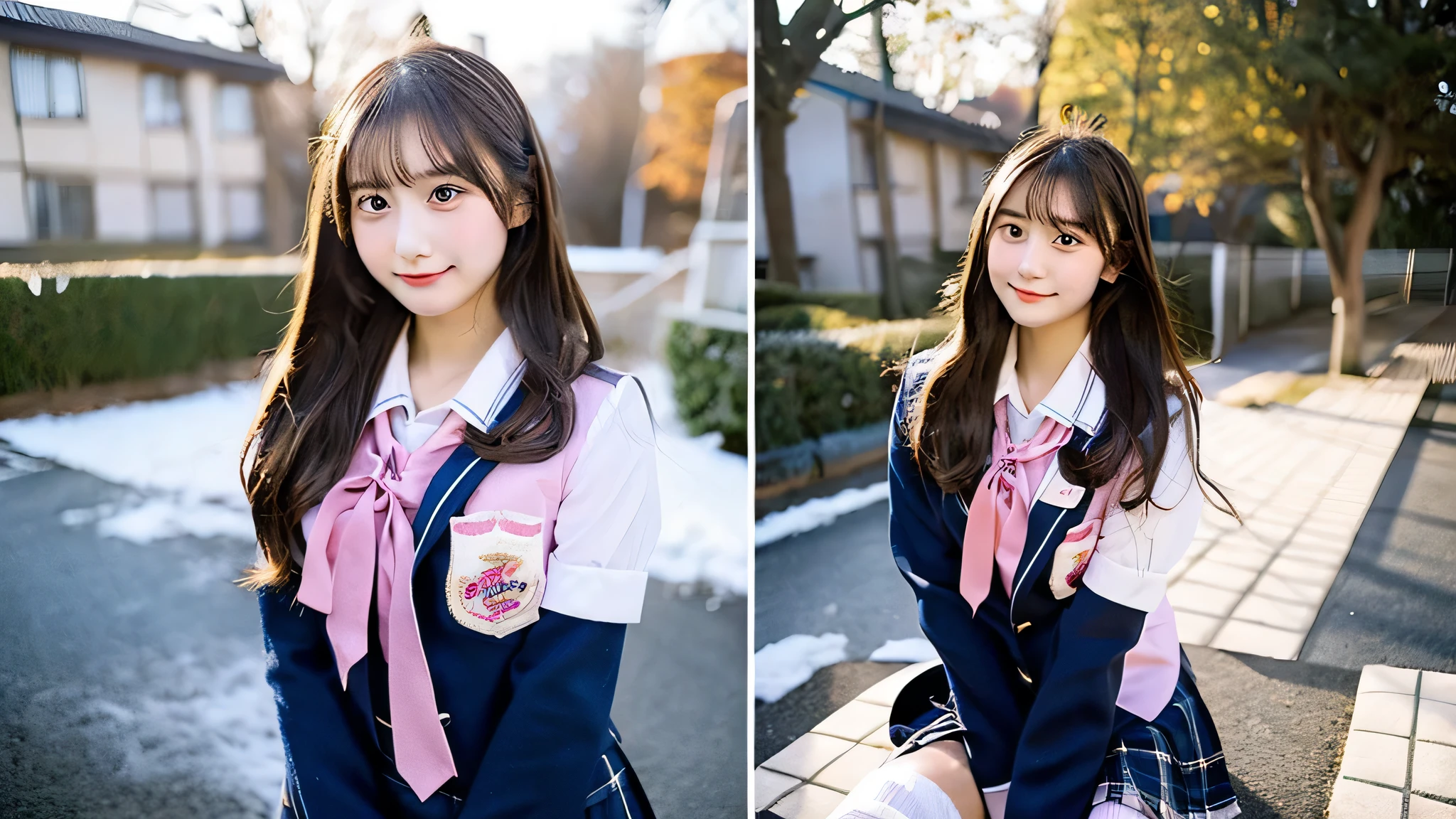 High school girl 18 years old wearing a pink miniskirt uniform、winter classroom