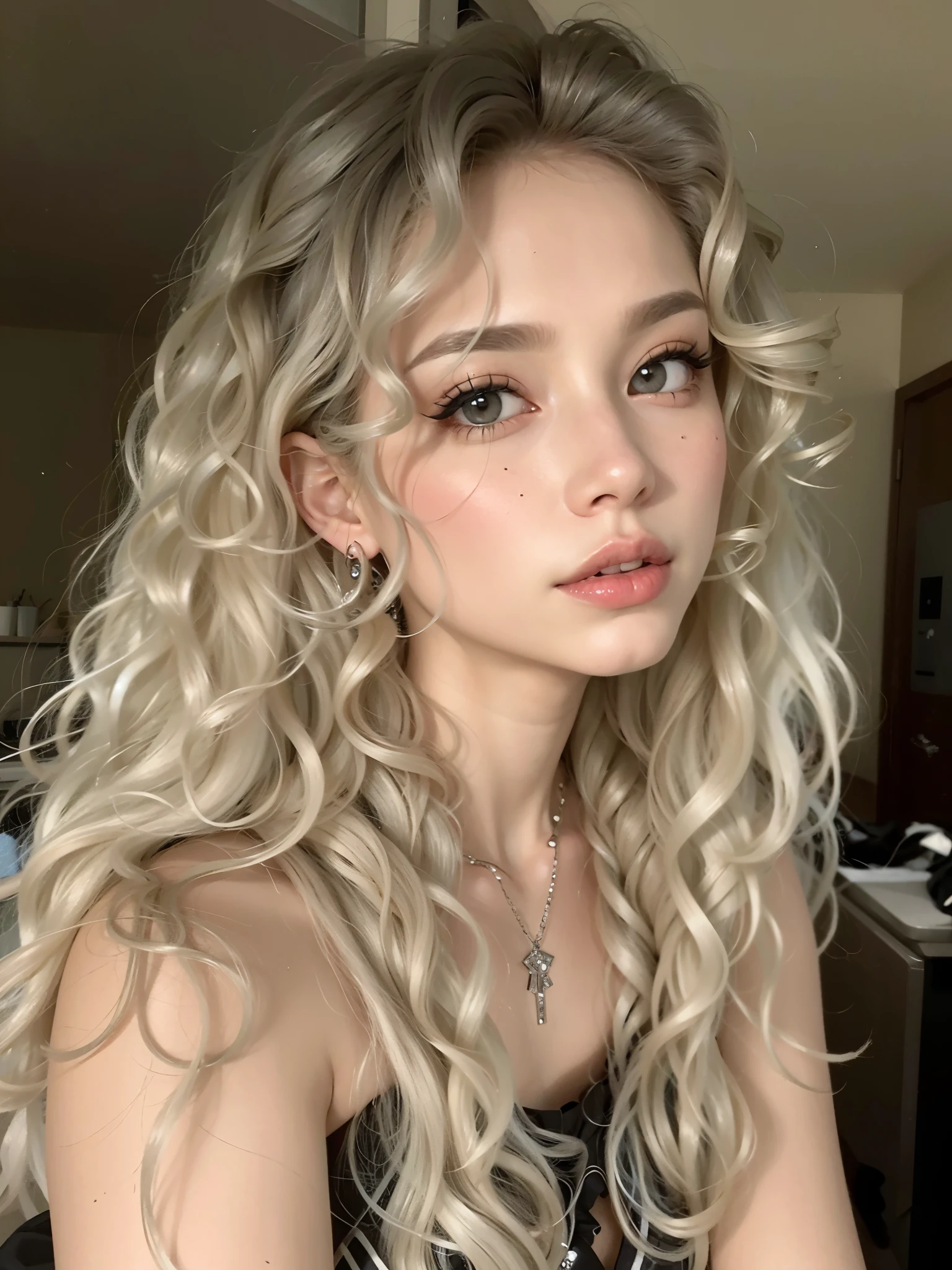 a close up of a woman with long blonDe hair anD a black Dress, cabello rizado plateado, Cabello blanco rizado, pale skin curly blonD hair, pelo blanco rizado, curly blonDe hair | D & D, curleD silver hair, long curly light blonD hair, con pelo largo y rizado, ash blonD greyish hair, blonDe curly hair, con el pelo largo y blanco, chica de pelo plateado