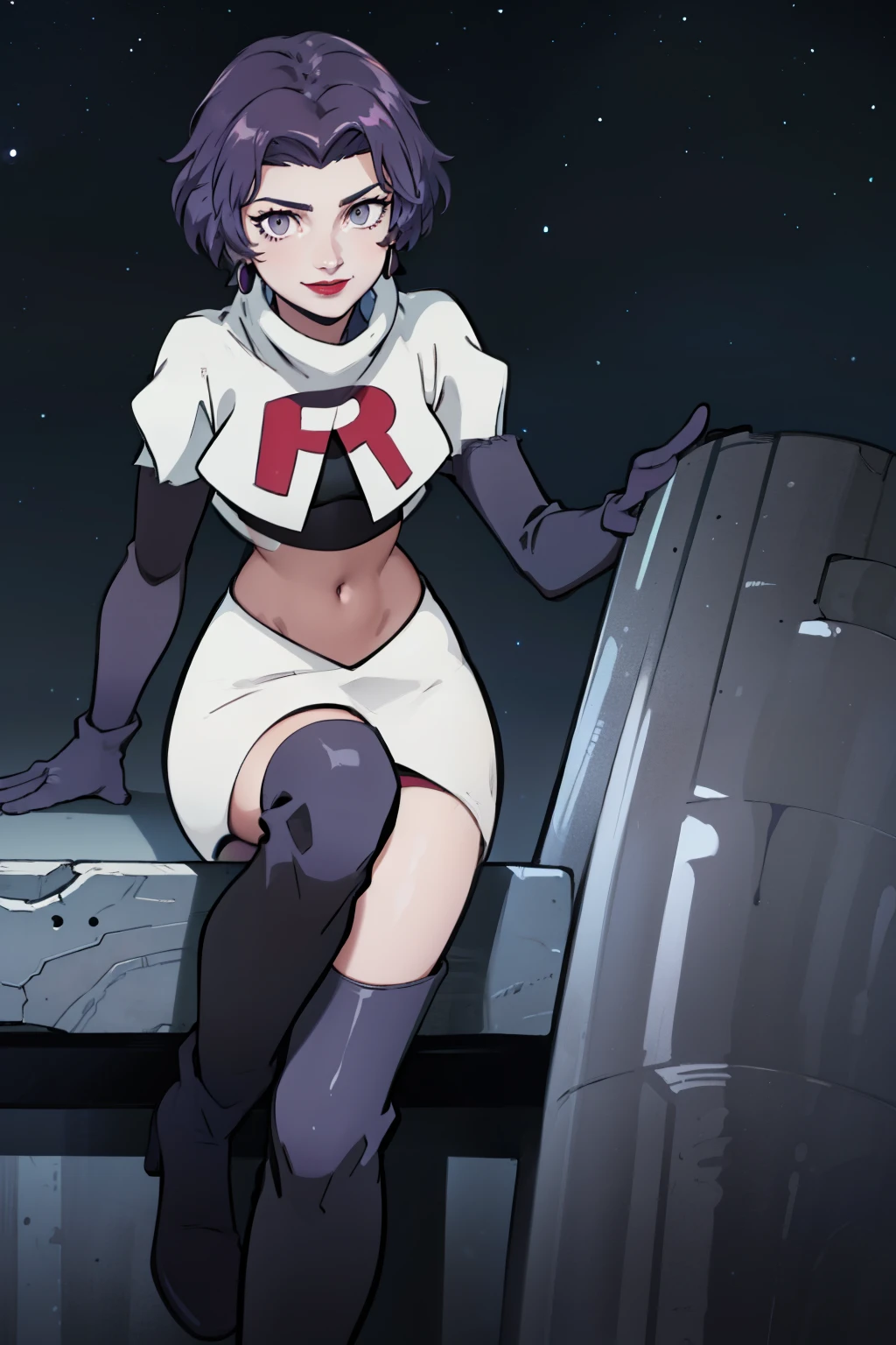 defBernie, grey eyes, purple hair, ,earrings ,red lipstick, blue eye shadow, heavy makeup ,team rocket uniform, red letter R, white skirt,white crop top,black thigh-high boots, black elbow gloves, evil smile, looking down on viewer, sitting down ,legs crossed, night sky background
