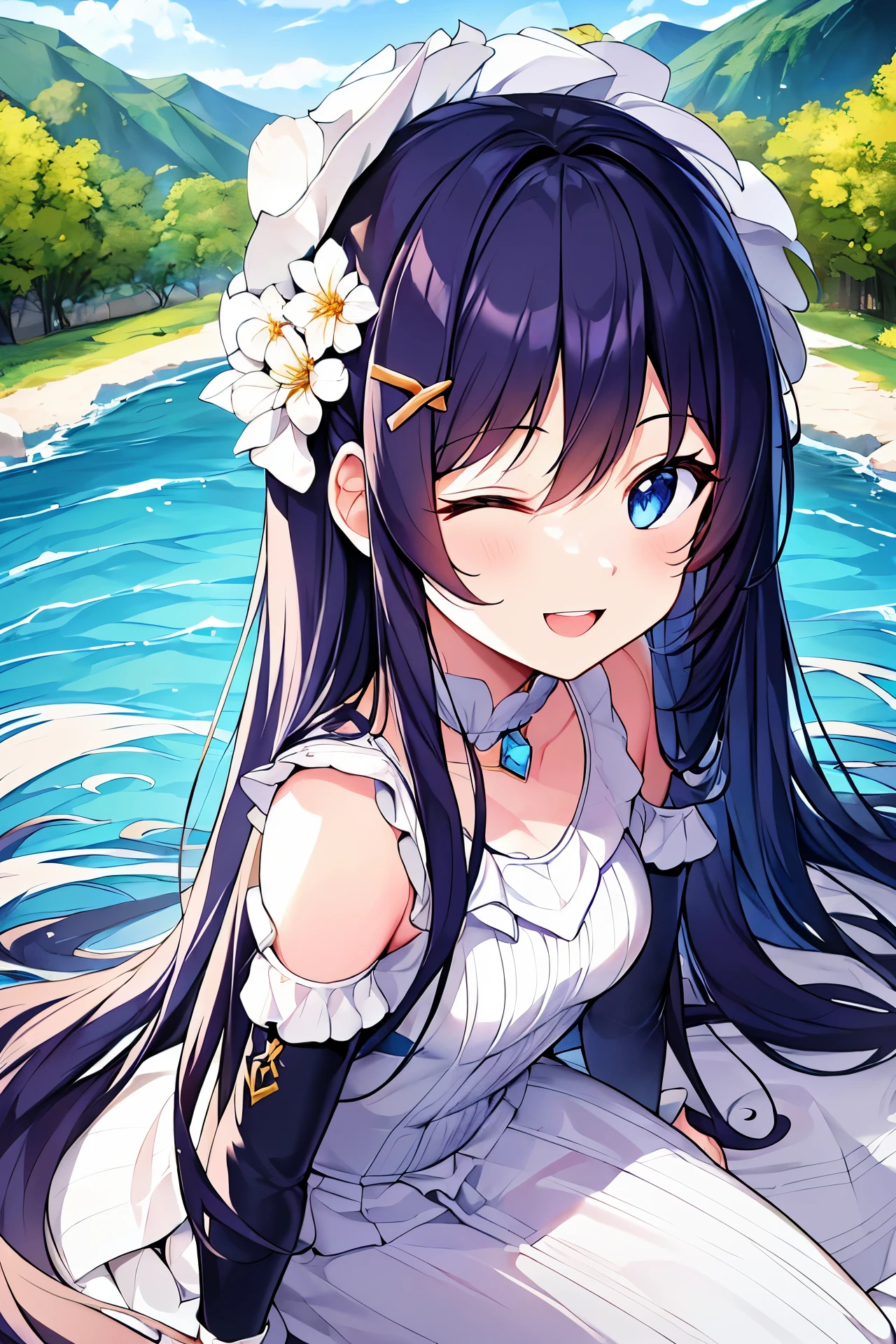 (((masterpiece))), (((Best Quality))), (((high quality))), (((beautiful))), (((8K))), (((highres))), (((absurdres))), (((exquisite))), (((Ultra high definition))), (((High resolution))), (1girl), (Gamine:1.5), (Little Girl:1.4), (Dark blue straight long hair:1.3), (Very long sideburns of dark blue color), (Super long and thick sideburns of dark blue color:1.4), (dark blue bangs with super large splits:1.3), (Simple Hair Clip:1.3), (ahoge:1.4), (Small blue eyes:1.2), (A little sagging eyes:1.3), (Super thick sideburns and super long sideburns:1.1), (Super long and thick sideburns:1.1), (Extra Ultra Flat Chest:1.2), (extremely small breasts:1.2), (white theme:1.4), (cute classic white dress with white frills:1.4), (lots of flowers:1.4), (lots of flowers:1.4), (色とりどりのlots of flowers:1.4), (tilt one&#39;s face:1.4), (tilt one&#39;s face:1.4), (smiling with open mouth:1.4), (Both eyes are closed:1.4), (sitting by the lake:1.4), (Both eyes are closed:1.4), (Both eyes are closed:1.4), (Both eyes are closed:1.4), (Both eyes are closed:1.5), (sitting by the lake:1.4), (Super beautiful background with lots of flowers blooming:1.4)