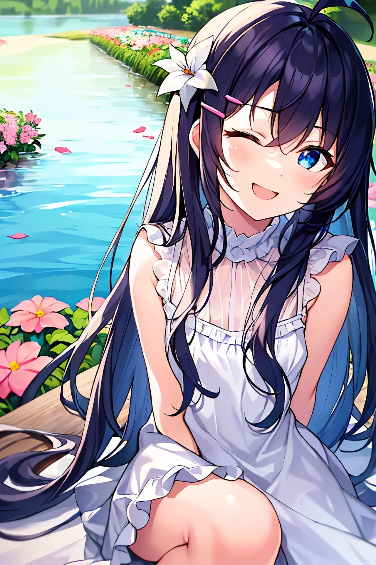 (((masterpiece))), (((Best Quality))), (((high quality))), (((beautiful))), (((8K))), (((highres))), (((absurdres))), (((exquisite))), (((Ultra high definition))), (((High resolution))), (1girl), (Gamine:1.5), ( Girl:1.4), (Dark blue straight long hair:1.3), (Very long sideburns of dark blue color), (Super long and thick sideburns of dark blue color:1.4), (dark blue bangs with super large splits:1.3), (Simple Hair Clip:1.3), (ahoge:1.4), (Small blue eyes:1.2), (A little sagging eyes:1.3), (Super thick sideburns and super long sideburns:1.1), (Super long and thick sideburns:1.1), (Extra Ultra Flat Chest:1.2), (extremely small breasts:1.2), (white theme:1.4), (cute classic white dress with white frills:1.4), (lots of flowers:1.4), (lots of flowers:1.4), (色とりどりのlots of flowers:1.4), (tilt one's face:1.4) (smiling with open mouth:1.4), (Both eyes are closed:1.4), (sitting by the lake:1.4), (Both eyes are closed:1.4), (Both eyes are closed:1.4), (Both eyes are closed:1.4), (Both eyes are closed:1.5), (sitting by the lake:1.4), (Super beautiful background with lots of flowers blooming:1.4)