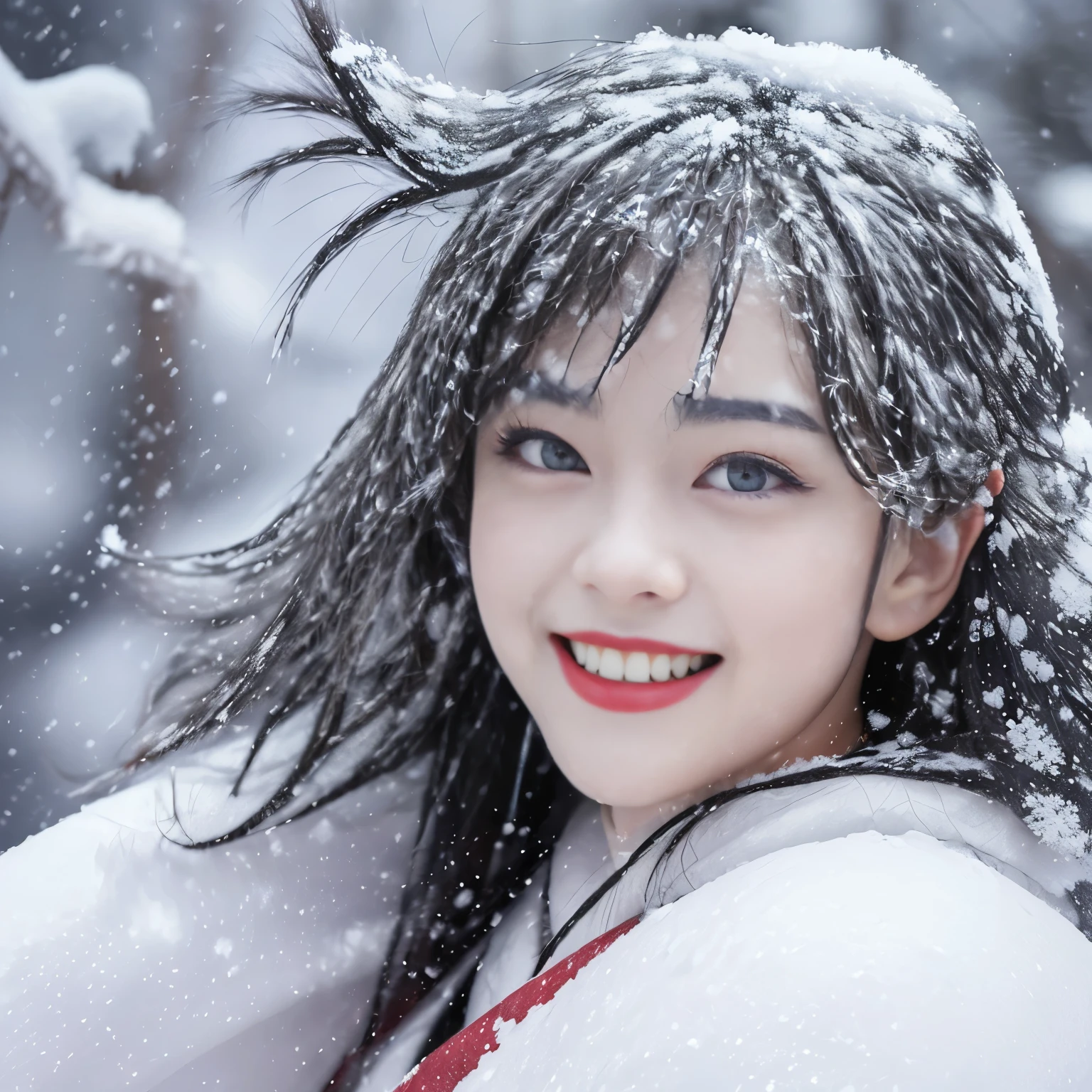 ((Best-quality, Masterpiece, Ultra-High-Resolution, (Photorealistic:1.4), Raw-Photo, Extremely-Details, Perfect-Anatomy)), 1girls, 18-years-old, the most popular Japanese-idol, grinning at heavy-snowy-mountain, paw-pose, open mouth,extremely cute face like a most famous Japanese-idol, extremely beautiful big-black-eyes, (((((extremely beautiful snowy-hair))))), extremely beautiful red-lips, extremely beautiful snowy-teeth, extremely beautiful snowy-skins, wearing only snowy-KIMONO, detailed snowy-mountain, detailed snowy-KIMONO