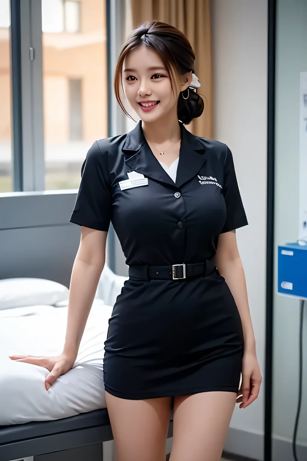 (One ultimate beautiful mature woman), experienced nurse, very detailed顔, detailed lips, fine eyes, double eyelid, brunette updo, (grin and laugh), ((beautiful teeth)), (((Wearing blue nursing clothes)))), big breasts, (thighs thighs), perfectionなフィット感, perfectionなボディ, perfectionな顔, (((background: A hospital room with lots of medical equipment)))、cowboy shot, (written boundary depth), perfectionな画像のリアリズム, 詳細なbackgroundあり, detailed costume, perfection、hyper realism、Photoreal、8K maximum resolution, (masterpiece), very detailed, Professional