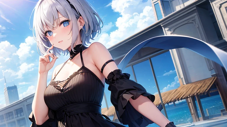 super high quality,look at the audience, place your hands behind your back, with a girl, 20-year-old, とてもshort hair, long bangs between the eyes, pale blue eyes , blue sky, sunlight, very detailed,(masterpiece、highest quality)、alone、gray hair、laughter、White skin as clear as snow、fantasy, silver hair, black eye, beautiful eyes,, ecstasy, Charm, be smitten with audience, short hair,blue sky , sunlight,fantasyな風景,looking down from above、Knight's clothing