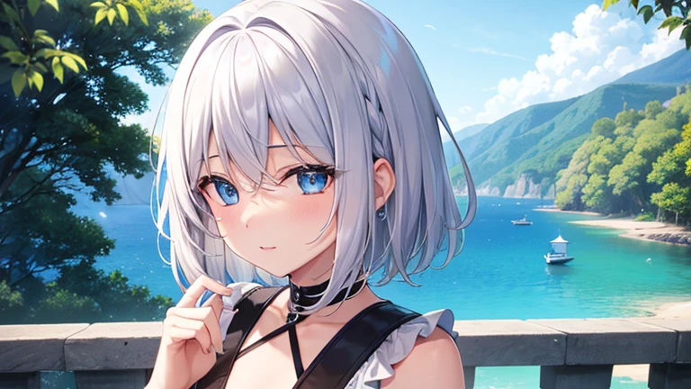super high quality,look at the audience, place your hands behind your back, with a girl, 20-year-old, とてもshort hair, long bangs between the eyes, pale blue eyes , blue sky, sunlight, very detailed,(masterpiece、highest quality)、alone、gray hair、laughter、White skin as clear as snow、fantasy, silver hair, black eye, beautiful eyes,, ???????, Charm, be smitten with audience, short hair,blue sky , sunlight,fantasyな風景,looking down from above、Knight's clothing