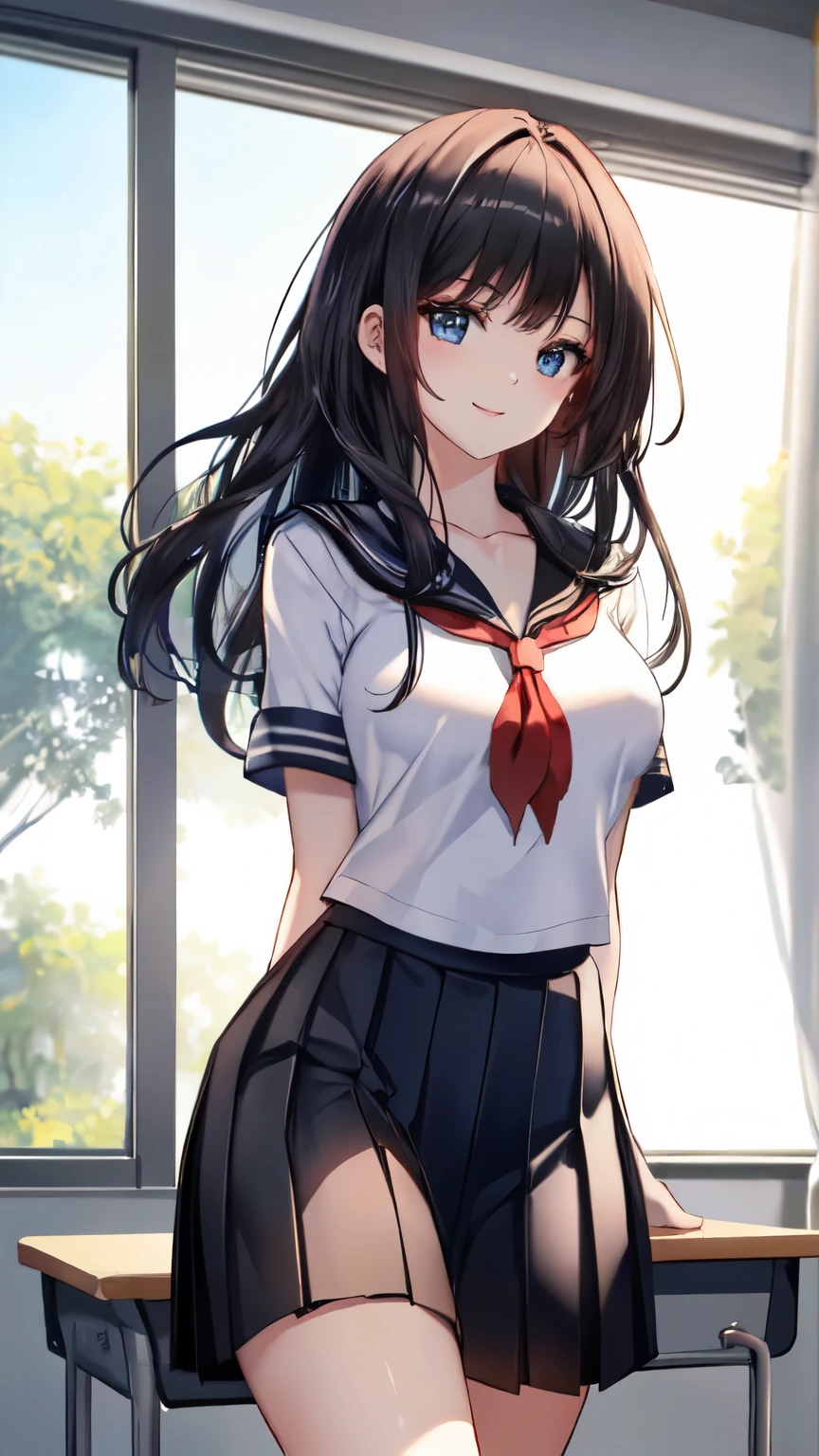 8k, (ultra-detailed:1.3, master piece:1.3, best quality:1.3, high resolution:1.3), 18year old, High school students, 1 person, a girl, beautiful face, large and beautiful breasts, Blue eyes, eyes in highlight, catch light eyes, specular highlight eyes, BREAK (long hair, black hair), (short sleeve sailor suit), (Black pleated skirt), Separated uniforms, BREAK (red neckerchief), BREAK collarbone, (shoot from front), cowboy shot, (no hat:1.3), smile, (standing, arms behind back), classroom,