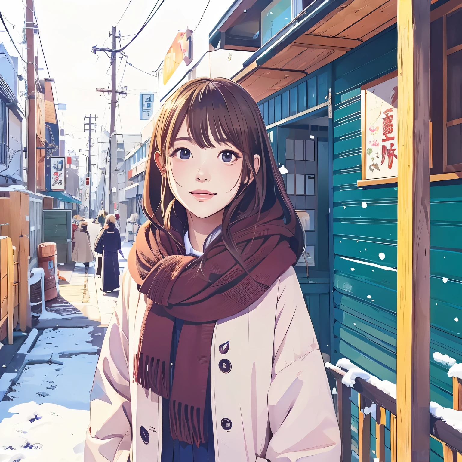 Illustration style、Showa Anime、Ukiyo-e、((girl))、Tokyo、Soft touch、((modern))、winter、high resolution