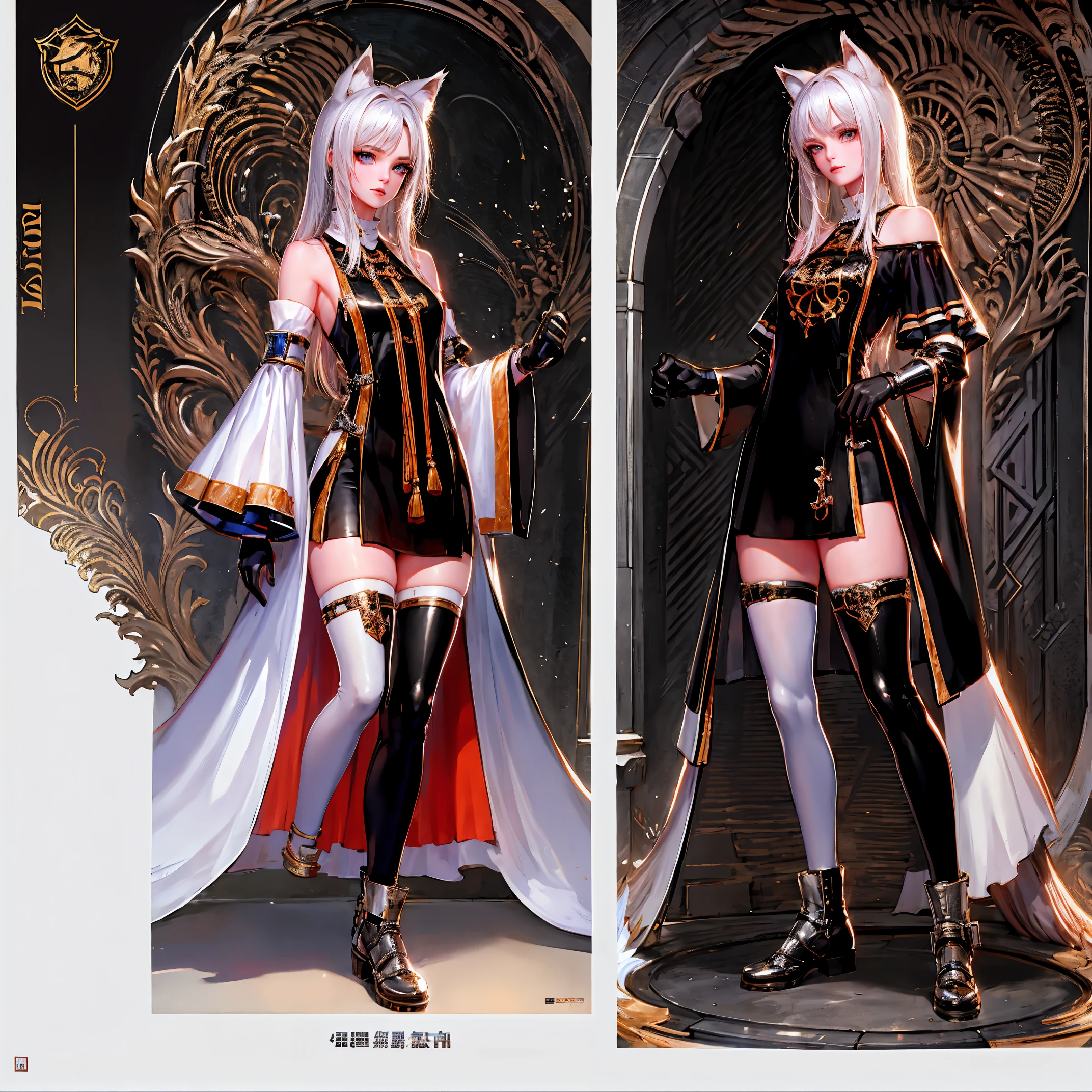 8k, resolution, high quality, high resolution, best quality, best resolution, absurd resolution, ray tracing, high detailed, masterpiece, extremely detailed,shoulder length white hair, female,white 2 wolf ears, teenage girl, slim body, white scale dragon tail,black boots,black leggings, school skirt, white jacket, medium size chest, detailed blue eyes, detailed beautiful face,solo female,1 dragon tail, detailed eyes, tomboyish