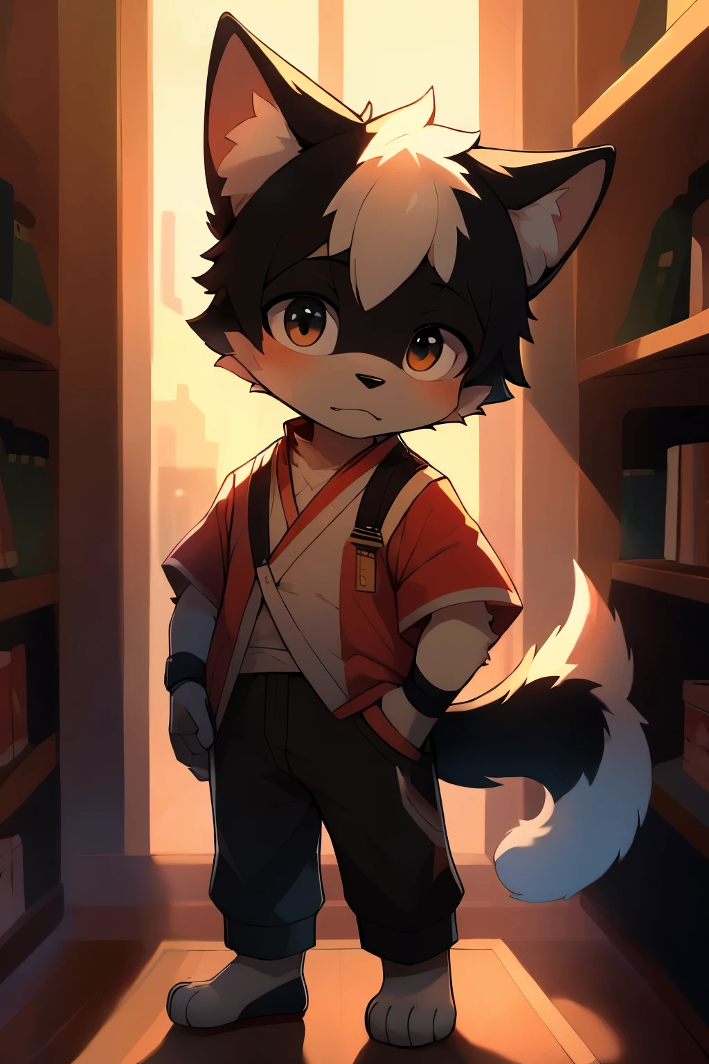 Shota , cat , kemono, （（（black  fur ））），（（（no hair ）））,male people，Q version，（teenage）， adolable， standing on your feet， A high resolution，8K，detailedbackground，high high quality，Libido boy，（（（独奏））），looking at viewert，From above，（Warm light source：1.5），in library，A impatient expression，wear shorter pants, black color tail ,wear a black suit , （（（animal paws）））, no humanlike, （（（animal paws hand）））, furry skin