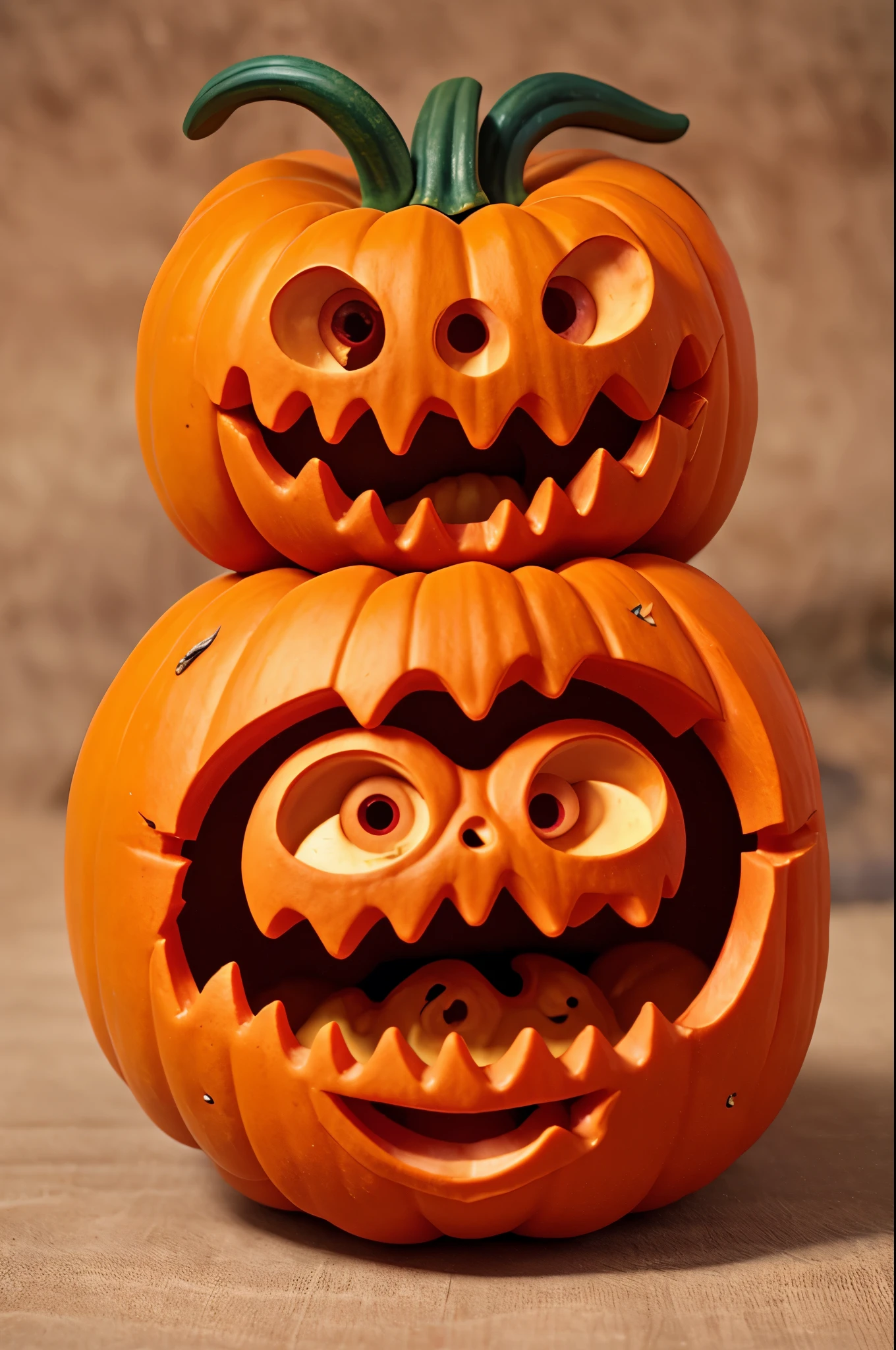 A creepy pumpkin is carved to resemble a scary monster
