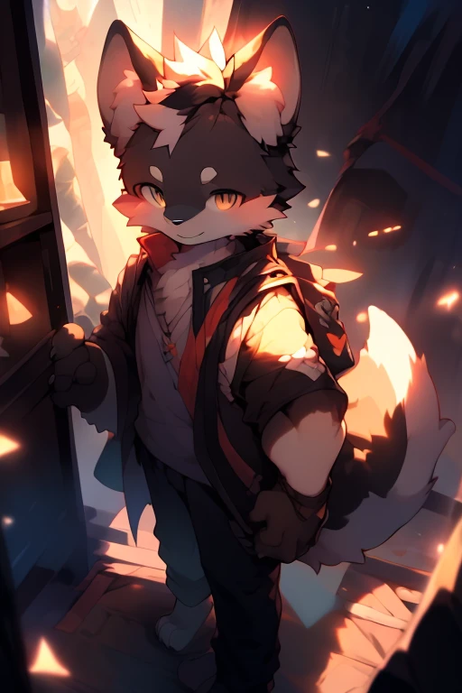 Shota , wolf , kemono, （（（black fur ））），（（（no hair ）））,male people，Q version，（teenage）， adolable， standing on your feet， A high resolution，8K，detailedbackground，high high quality，Libido boy，（（（独奏））），looking at viewert，From above，（Warm light source：1.5），in library，A impatient expression，wear shorter pants, black color tail ,wear a black suit , （（（animal paws）））, no humanlike, （（（animal paws hand）））, furry skin
