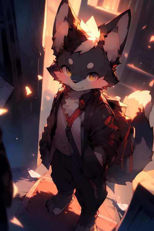 Shota , wolf , kemono, （（（black fur ））），（（（no hair ）））,male people，Q version，（teenage）， adolable， standing on your feet， A high resolution，8K，detailedbackground，high high quality，Libido boy，（（（独奏））），looking at viewert，From above，（Warm light source：1.5），in library，A impatient expression，wear shorter pants, black color tail ,wear a black suit , （（（animal paws）））, no humanlike, （（（animal paws hand）））, furry skin
