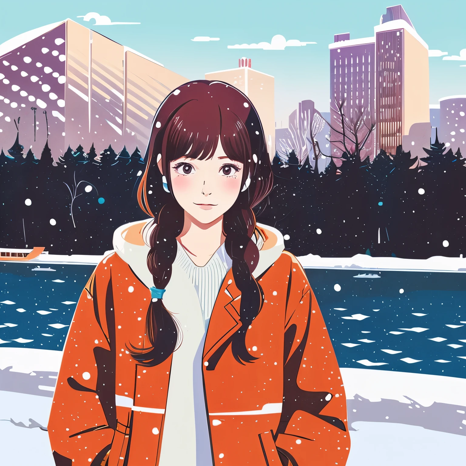 Illustration style、Showa Anime、Ukiyo-e、((girl))、Tokyo、Soft touch、((modern))、winter、high resolution