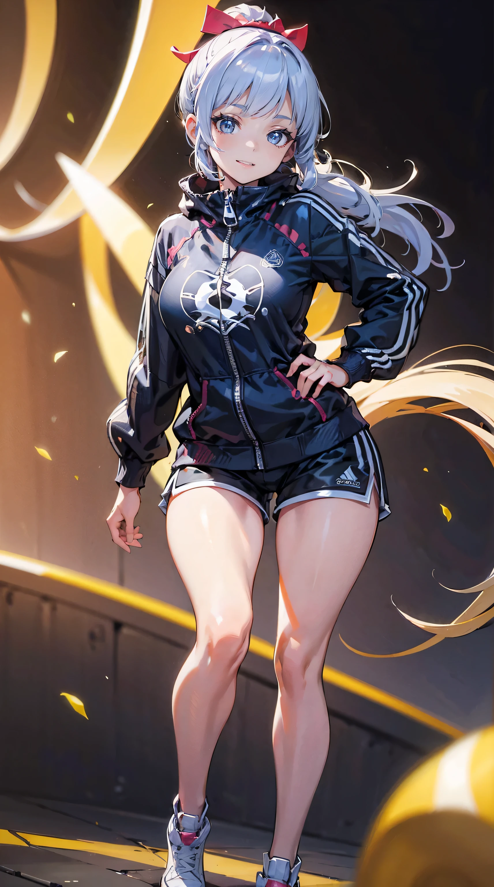 masterpiece, best quality, 1girl, red ponytail, long hair, oversized track jacket, shorts, jewelry, smile, background