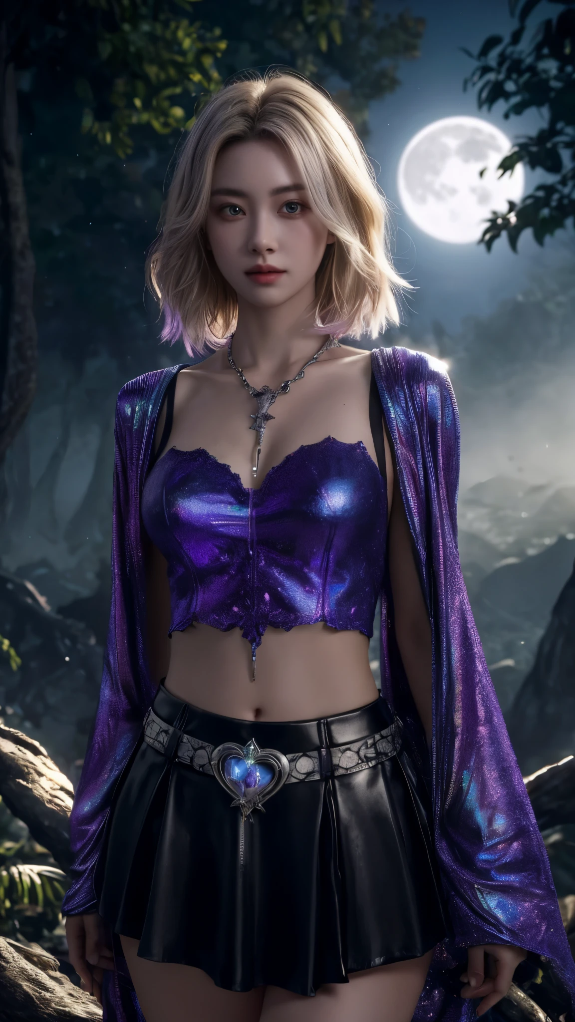 Beautiful 20 year old woman, Dreamlikeart, highly detailed airbrush art (((surreal)), intricate details, volumetric lightinasterpiece: 1.2), (best quality), 4K, ultra detailed, (dynamic composition: 1.4), highly detailed colorful details, (iridescent colors: 1.2), (bright lighting, atmospheric lighting), dreamy, magical, dynamic composition, ray tracing, specular lighting, shallow depth of field, crazy details, hyper-detailed, mixing exposure, HDR, In a battle against the Abyss' invasion, made a deal with an Evil God and gained immortality in the power of shadow, she'd been hiding among the shadows, silently waiting for the appearance of the Heart of Anima–a broken piece from the Twilight Orb that was said to be the key to retrieving her lover's soul, strong moonlight forest atmosphere, cop shirt printed top, black belt skirt, abyssal necklace, main outfit color is purple, black is second color, cowboy shot, midshot, centered image, eye on camera, look at the viewer, front look, closer, blonde short hair, gorgeous hair, tiny chest