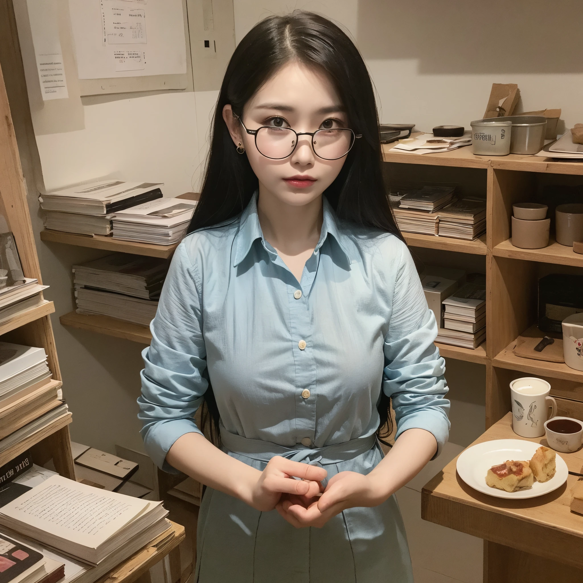 realistic best quality standing woman asian in 30s of age , real woman with skirt and shirt holding book having glasses  --auto --s2