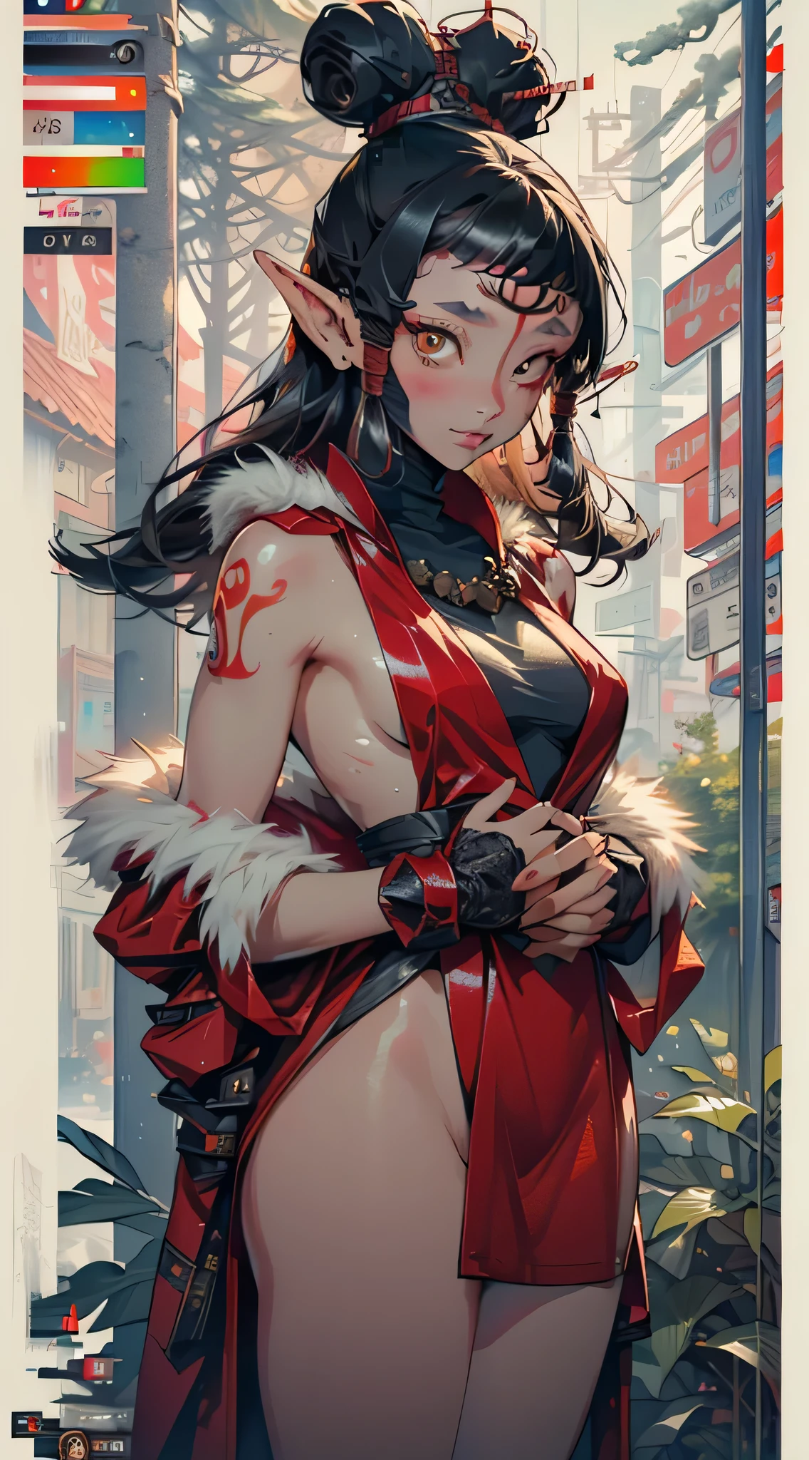 paya, cute elf ,girl, 1girl,(((little loliy little body,small))),(((6 years ,((anime elf loli with extry cute and beautiful black hair)),(((elf, elf earlat chest))),((((black hair:1.35,ponytail braid hair,colored inner hair,ear breathing)))),(((red_eyes:1.3))),intricate eyes,beautiful detailed eyes,symmetrical eyes,big eyes:1.5,(((lustrous skin:1.5,bright skin: 1.5,skin tanned,shiny skin,very shiny skin,shiny body,plastic glitter skin,exaggerated shiny skin,illuminated skin))),(delicate detailed fingers,detailed body,detailed arms,human hands,(detailed face)),
cute,slutty,erotic,daring,nsfw,
zettai ryouiki,revealing clothing,show skin,(((Sexy red fur coat, red fur coat outfit, wearing a red fur coat:1.3,red winter coat))), ((red minkirt,red mini skirt with furry edge,visible thong straps)),((underpants strap)),(white gloves,red clothes,semi-naked,with little red clothing,((((furry edge clothing)))),(((intricate outfit,intricate clothes,embroidered outfit,ornate outfit,embroidered clothes,ornate clothes))),
(dynamic pose:1.0),embarrassed,(centered,scale to fit dimensions,Rule of thirds),
((snowy pine forest)),winter,scenery:1.25,((intricate scenery)),((snow forest background)),Christmas tree,
(Glossy winter ornaments),highres,sharp focus,(ultra detailed,extremely detailed),(photorealistic artwork:1.37),(extremely detailed CG unity 8k wallpaper),(((vibrant colors,vibrant theme))),(intricate),(masterpiece),(best quality),