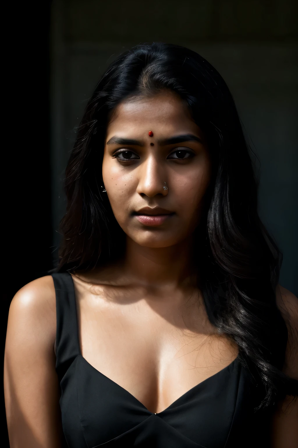 high quality, face portrait photo of 26 y.o fair indian woman, wearing black dress, serious face, detailed face, skin pores, cinematic shot, dramatic lighting