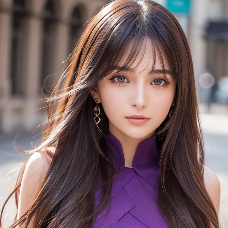 25-year-old girl, Vestido morado, hombros descubiertos cabello largo collares forma de cruz, hermosa, con alas, ojos grandes de fondo