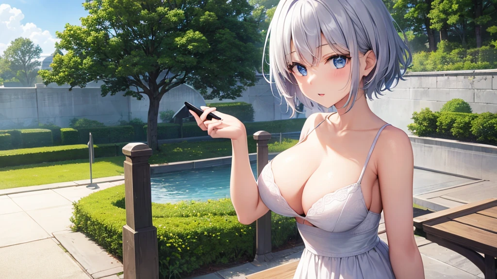super high quality, with a girl, 20-year-old, とてもshort hair, long bangs between the eyes, pale blue eyes , blue sky, sunlight, very detailed,(masterpiece、highest quality)、alone、gray hair、laughter、White skin as clear as snow、fantasy, silver hair, black eye, beautiful eyes,, , Charm, be smitten with audience, short hair,blue sky , sunlight,fantasyな風景,looking down from above、Knight's clothing