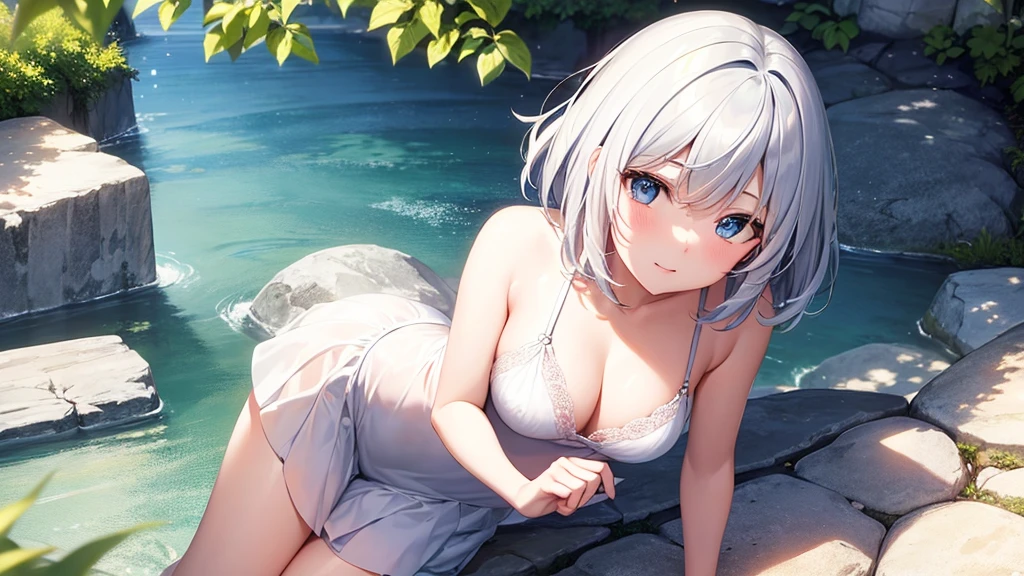 super high quality, with a girl, 20-year-old, とてもshort hair, long bangs between the eyes, pale blue eyes , blue sky, sunlight, very detailed,(masterpiece、highest quality)、alone、gray hair、laughter、White skin as clear as snow、fantasy, silver hair, black eye, beautiful eyes,, ecstasy, Charm, be smitten with audience, short hair,blue sky , sunlight,fantasyな風景,looking down from above、Knight's clothing