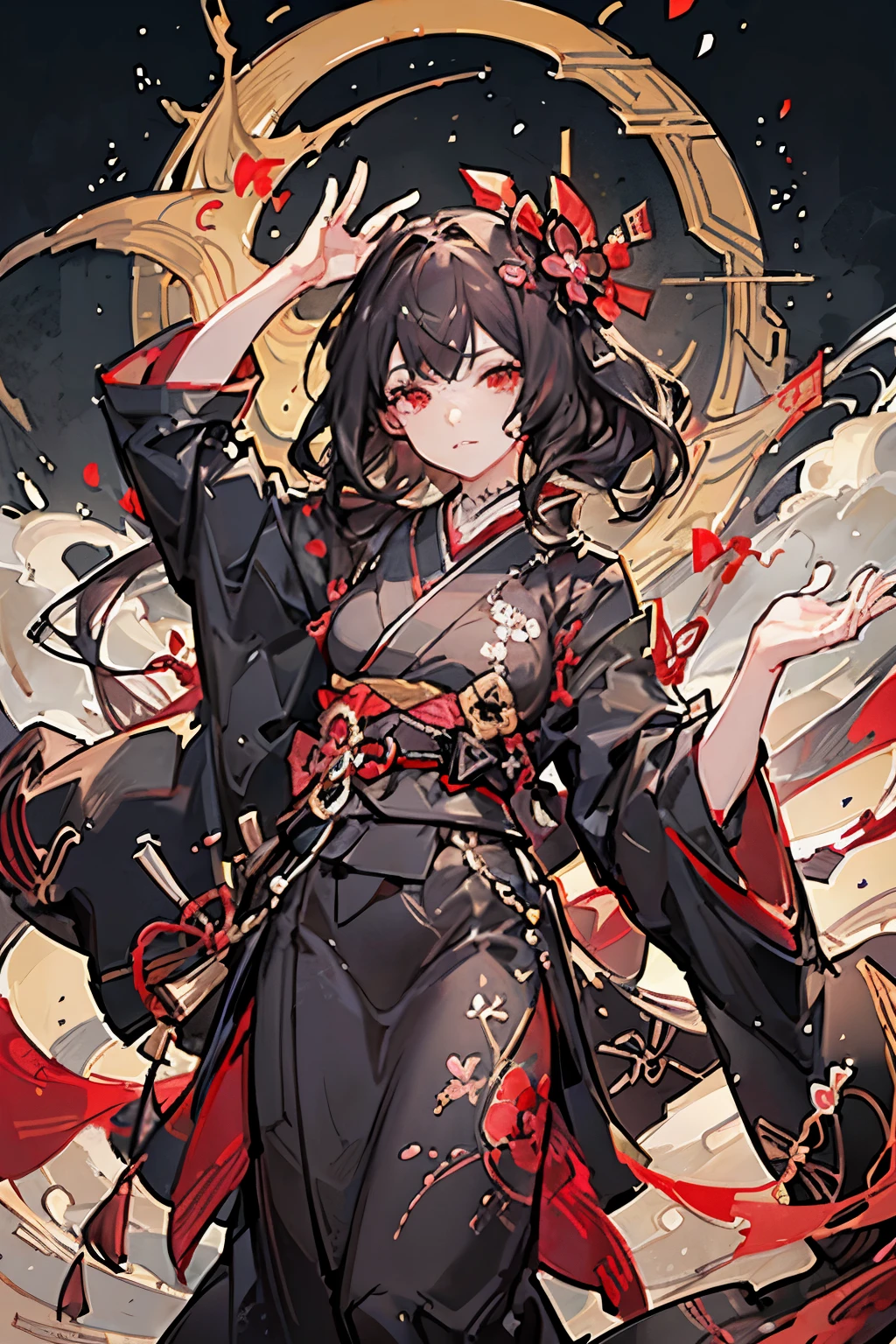 japanese style rat mage cyberpunk,1 girl in, solo, magic scroll, {{{Ukiyo-e_style}}},{{flat_style}},{_colorasterpiece}}},{katsushika_hokusai},long_hair,hair_flower,{{black_hair}},red_eyes,{chinoiserie},{{{best_quality}}},kimono,{{ultra-detailed}},{illustration},Maple_leavelying,{{1girl}},{{{solo}}},{{an_extremely_delicate_and_beautiful}},blank_stare,close_to_viewer,{breeze},{Flying_splashelying_petals},wind,{Gorgeous and rich graphics}