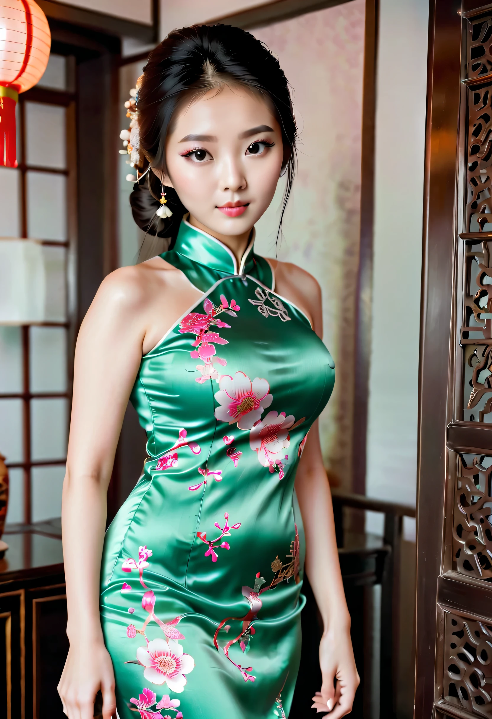 Beautiful Chinese 16 year old in tight silk qipao, large breasts,