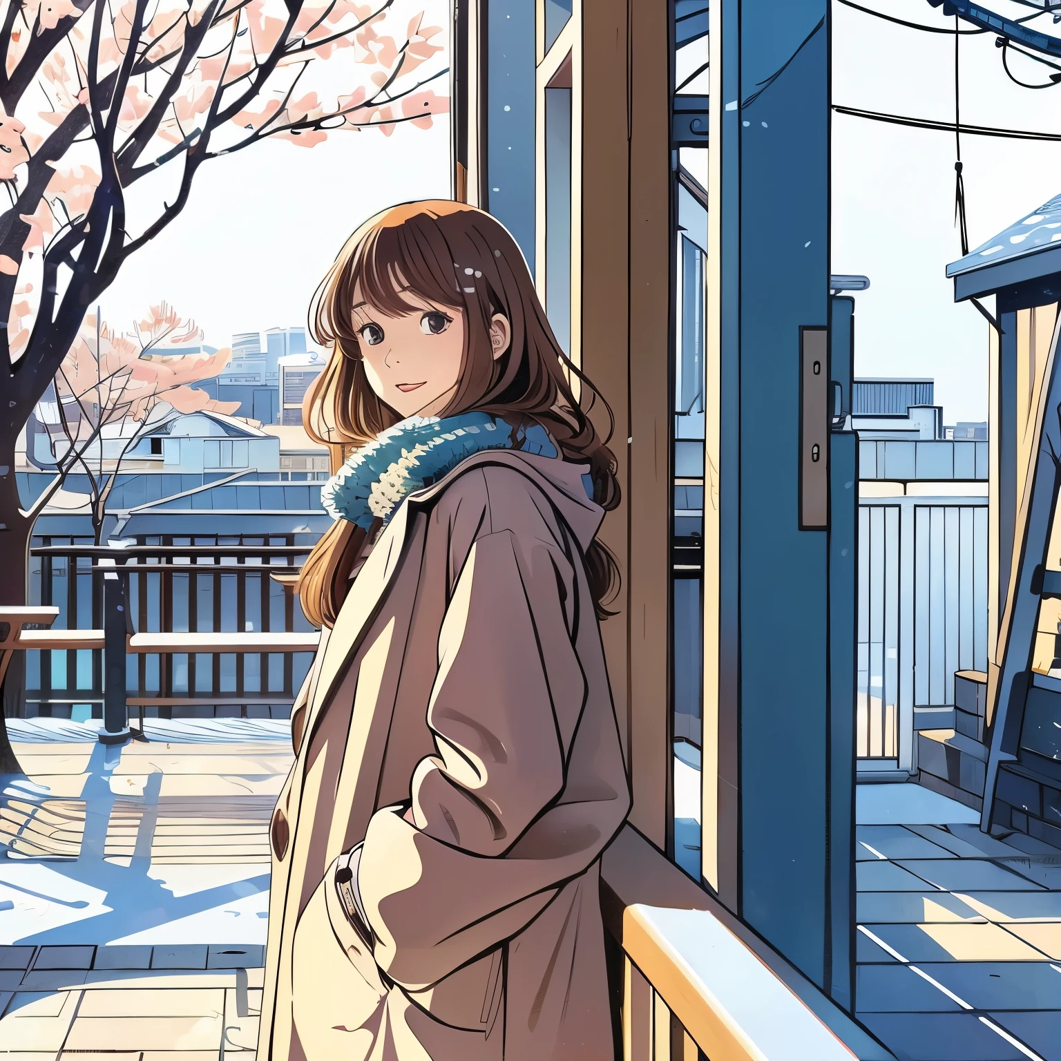 Illustration style、Showa Anime、Ukiyo-e、((girl))、Tokyo、Soft touch、((modern))、winter、high resolution