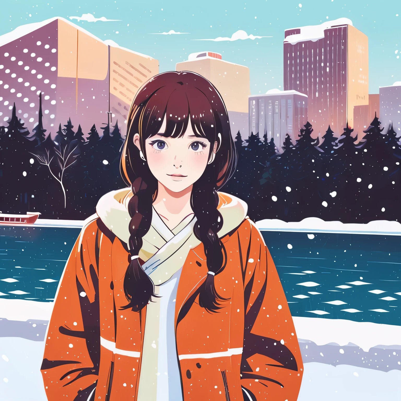 Illustration style、Showa Anime、Ukiyo-e、((girl))、Tokyo、Soft touch、((modern))、winter、high resolution