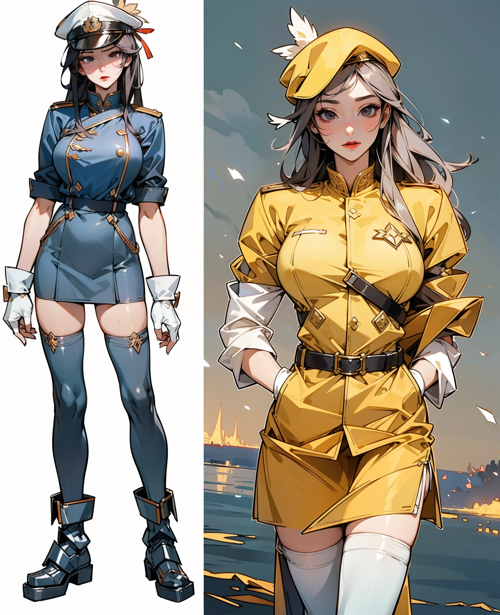 91 females,36 years old,multiple personature,Bigchest,Big breasts Thin waist,long leges,Raised sexy,Pornographic exposure, 独奏,Beauty contests,standing on your feet(Background with:the sea,snow mountains,warships,at winter season,Blizzarding,Big snowflakes)On warships, with his long black hair,Long hair flutters in the wind,dynamicposes,Sweat profusely,drenched all over the body,seen from the front, hair straight, mostly cloudy sky,(((tmasterpiece),(Very detailed CG unity 8K wallpaper),best qualtiy,cinmatic lighting,detailed back ground,beatiful detailed eyeright pupils,(Very fine and beautiful),(Beautiful and detailed eye description),Black eyes,Redlip,ultra - detailed,tmasterpiece,)),facing at camera,(The upper part of the body),A high resolution,ultra - detailed),revealing breastare genitalia, Bulge,legs are open,sexyposture,Camel toelushed complexion,Open-mouthed,frontage,military officer,Officer's cap(Wearing:White cloak,down jacket,Winter officer uniform,black legging pants,Armour,Gold wire embroidery,Snowflake tiara)