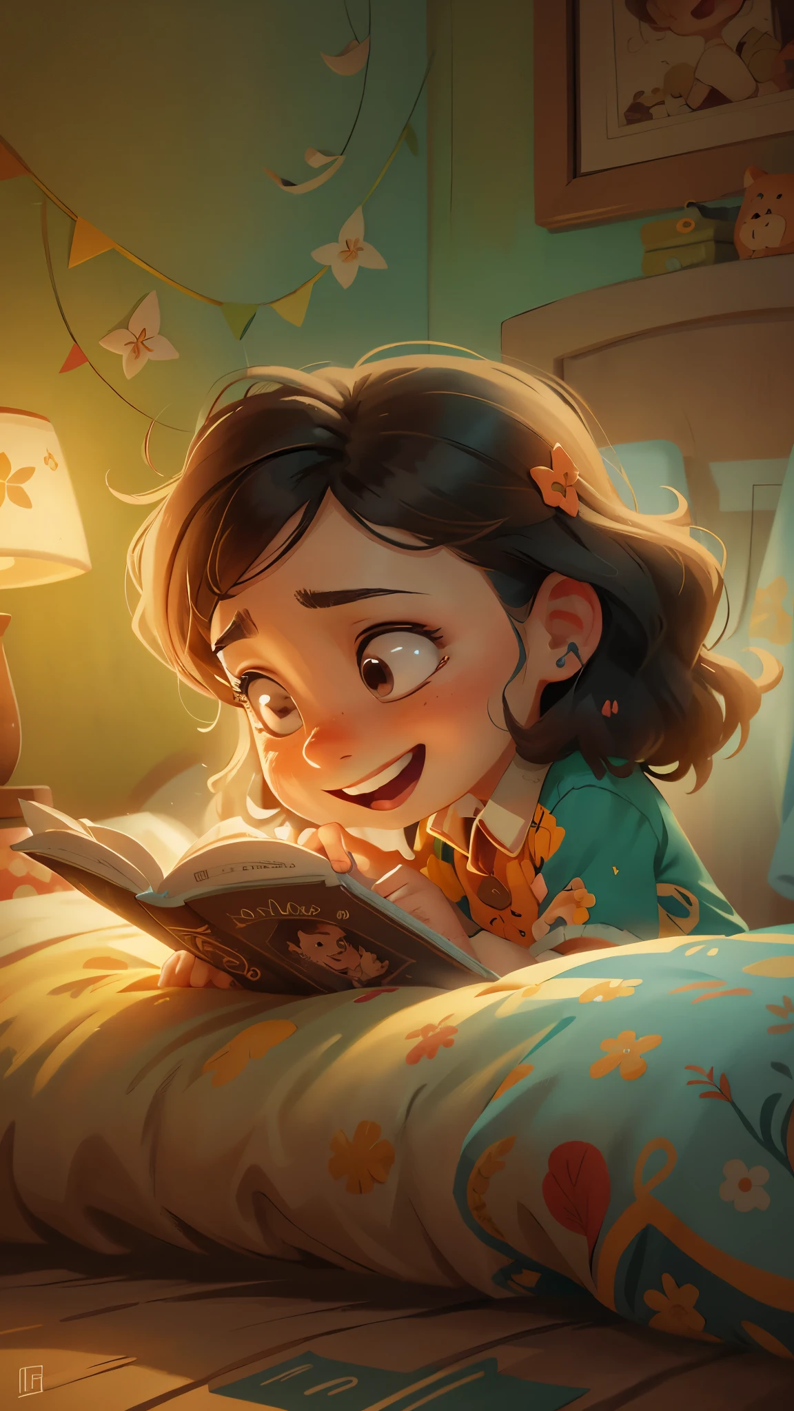 Illustration of mother telling bedtime story to  girl，Warm bedroom，bed，Smile，close up，Pixar cinematic style, best quality, movie stills,