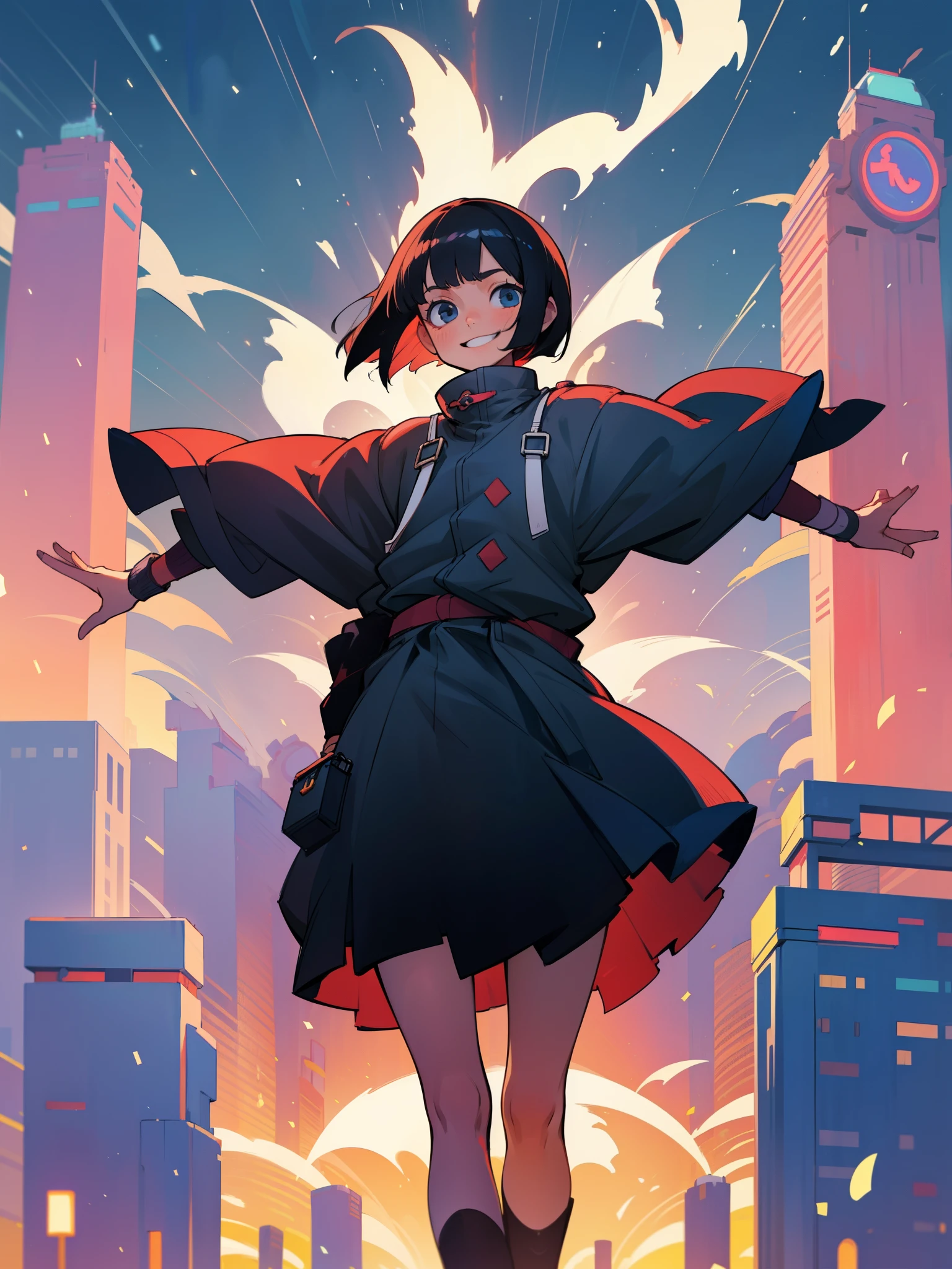A petite woman with short black bob hair stands with her arms crossed and looks at me with a smile.、The wind is blowing、In the city、Winter clothes