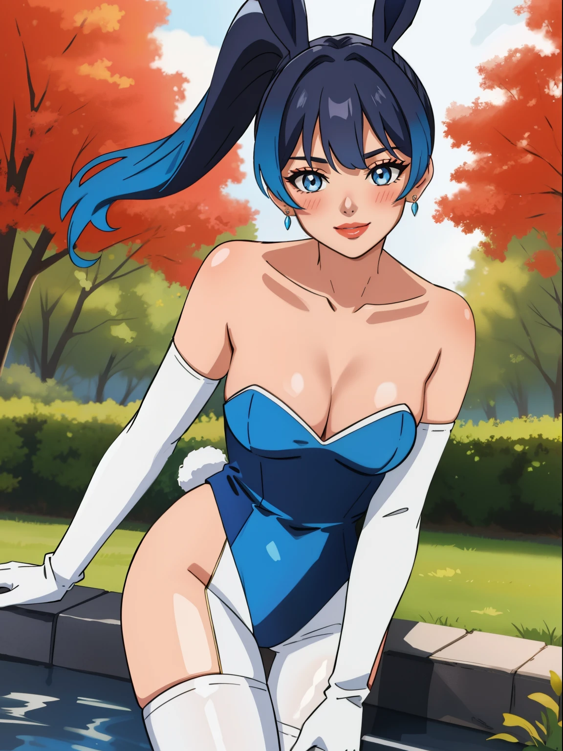 sena, side pony tail, 1girl, solo, small breasts, ,earrings ,red lipstick, blue eye shadow, heavy makeup ,looking at viewer, blush, large breasts, nature, pond, trees, park, long white elbow satin gloves, holding, animal ears, cleavage, bare shoulders, jewelry, very l, gentle smile, pantyhose, earrings, rabbit ears, blue leotard, fake animal earunny, long white elbow gloves