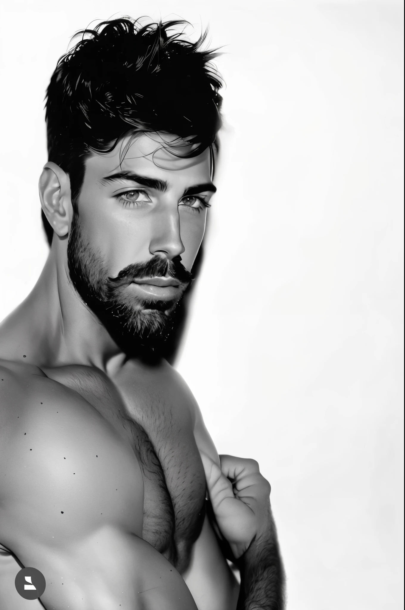 faaris azura with a beard and no shirt posing for a picture, model faaris azura, background : diego fazio, short beard, very attractive faaris azura with beard, short scruffy beard, handsome faaris azura