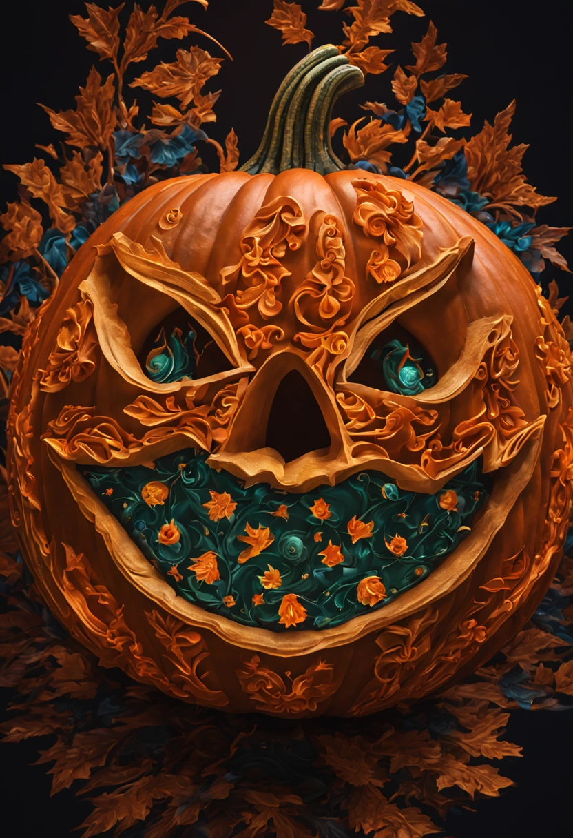 there is a close up of a pumpkin with a black background, an album cover inspired by Attila Meszlenyi, reddit, transgressive art, alternate album cover, tangerine dream album cover, bug like face, perfectly symmetrical alien face, yellow - orange eyes, arca album cover, face of a alien deity, glowing yellow face, beady black eyes --auto --s2