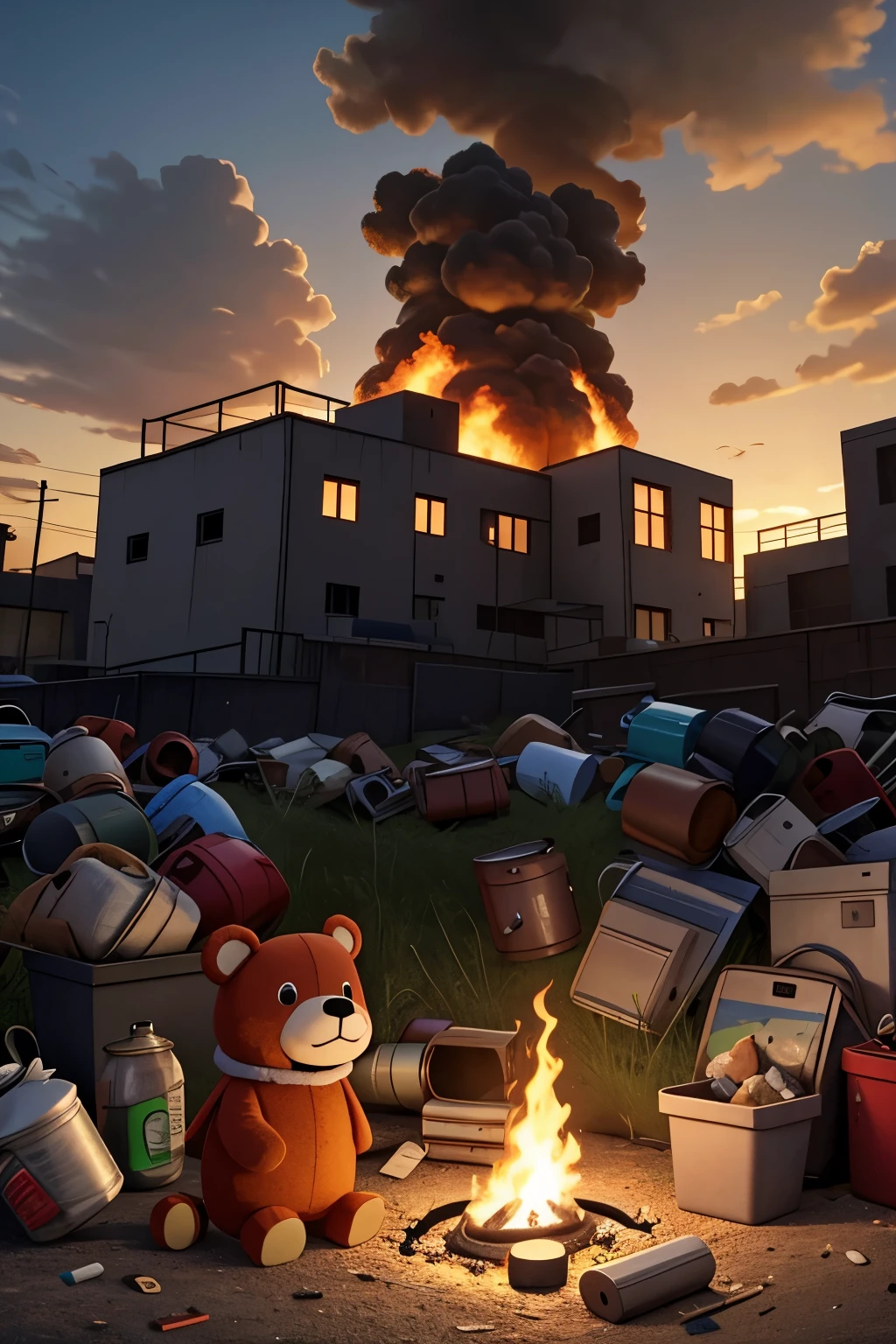 (danbo, Bigger than Bill:1.3)、Running away from the city、Multi-tenant building、Bustling street、Burning、the fire、signboard、explosions、City proclamation monitor showing disaster、rubbish、devastated、Sunnyday、miscellaneous、Big fire、