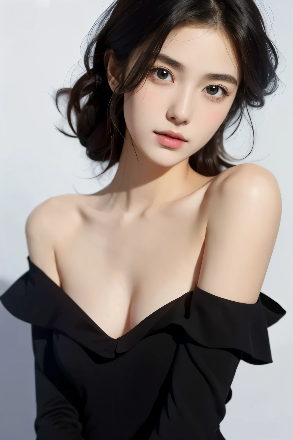 (masterpiece), (best quality), 1girl, 20yo, beautiful girl, portrait, perfect face, studio light, black dress, bare shoulder, sexy