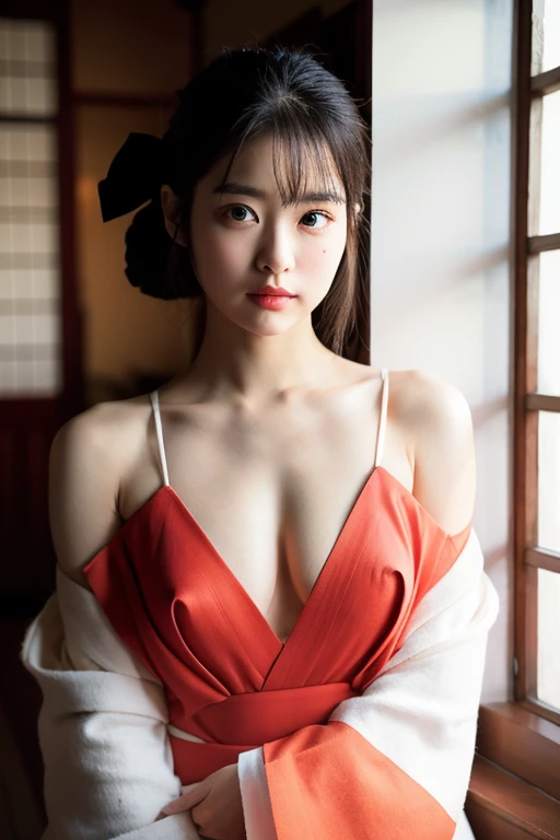 young japanese woman、Upper body naked、small face、Long, beautiful black hair that reaches down to her waist、Transparent, snow-white skin、long eyes、Big black eyes、thin eyeliner、Red eyeshadow at the corners of the eyes、Small lips、Emphasize shoulders, chest and legs、kimono、Sitting in a Japanese-style room、masterpiece、最高masterpiece、I can see the cleavage、The navel is visible、front、look up from below、Do not wear underwear、I can see your chest、I can see your shoulders、Fluffy kimono、A kimono that shows everything from the neck to the shoulders and upper arms、nipple