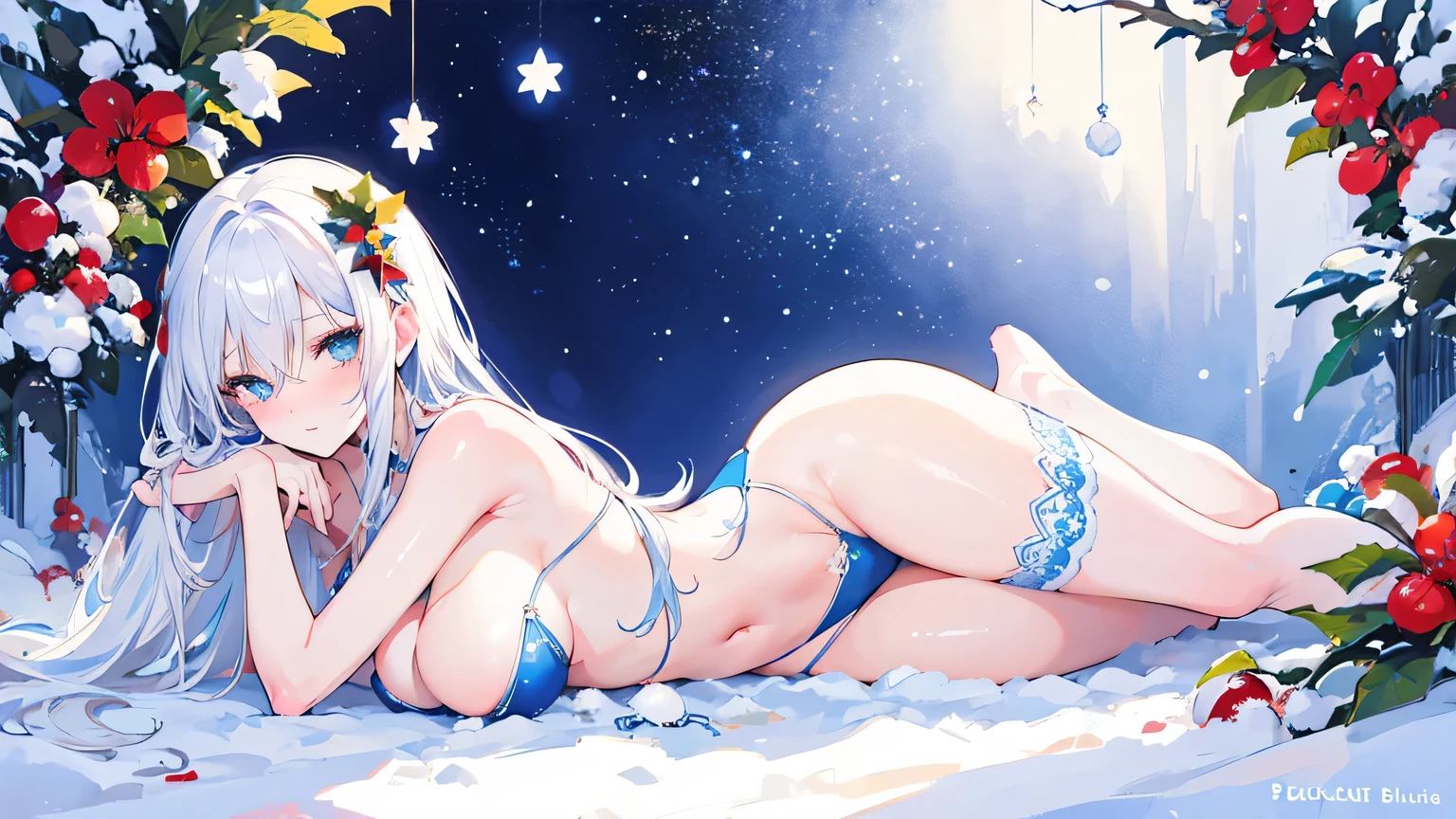 blushing female character in snowy landscape, blue eyes, exceptionally long, lush, voluminious white hair, full-body illustration, lying on side with hand supporting head, wearing bikini with Christmas theme, beautiful illustration, best quality, cute girl