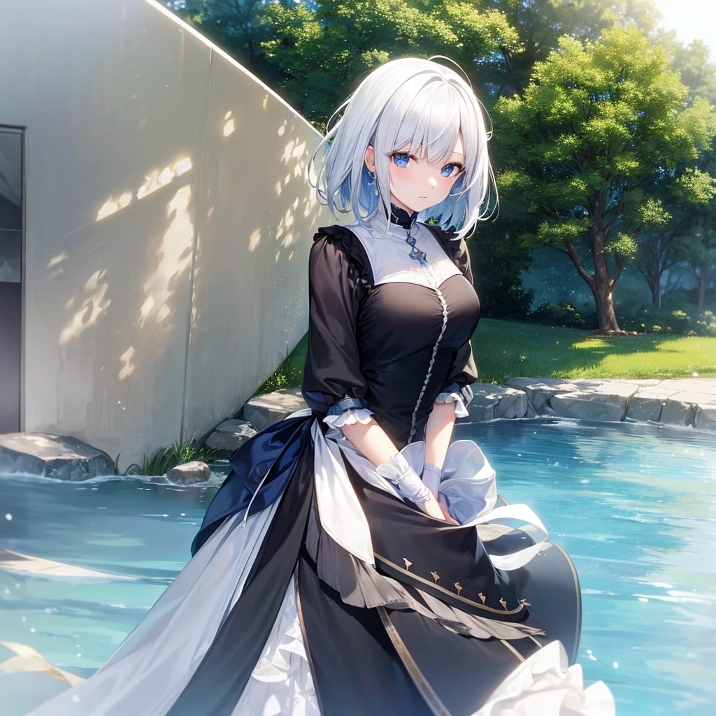 super high quality, with a girl, 20-year-old, とてもshort hair, long bangs between the eyes, pale blue eyes , blue sky, sunlight, very detailed,(masterpiece、highest quality)、alone、gray hair、laughter、White skin as clear as snow、fantasy, silver hair, black eye, beautiful eyes,, ecstasy, Charm, be smitten with audience, short hair,blue sky , sunlight,fantasyな風景,looking down from above、Knight's clothing