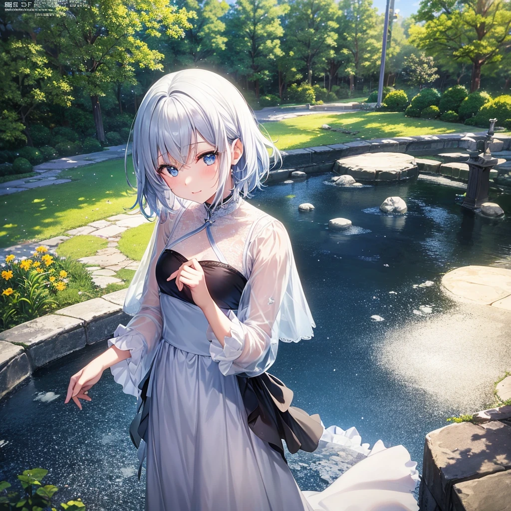 super high quality, with a girl, 20-year-old, とてもshort hair, long bangs between the eyes, pale blue eyes , blue sky, sunlight, very detailed,(masterpiece、highest quality)、alone、gray hair、laughter、White skin as clear as snow、fantasy, silver hair, black eye, beautiful eyes,, ecstasy, Charm, be smitten with audience, short hair,blue sky , sunlight,fantasyな風景,looking down from above、Knight's clothing
