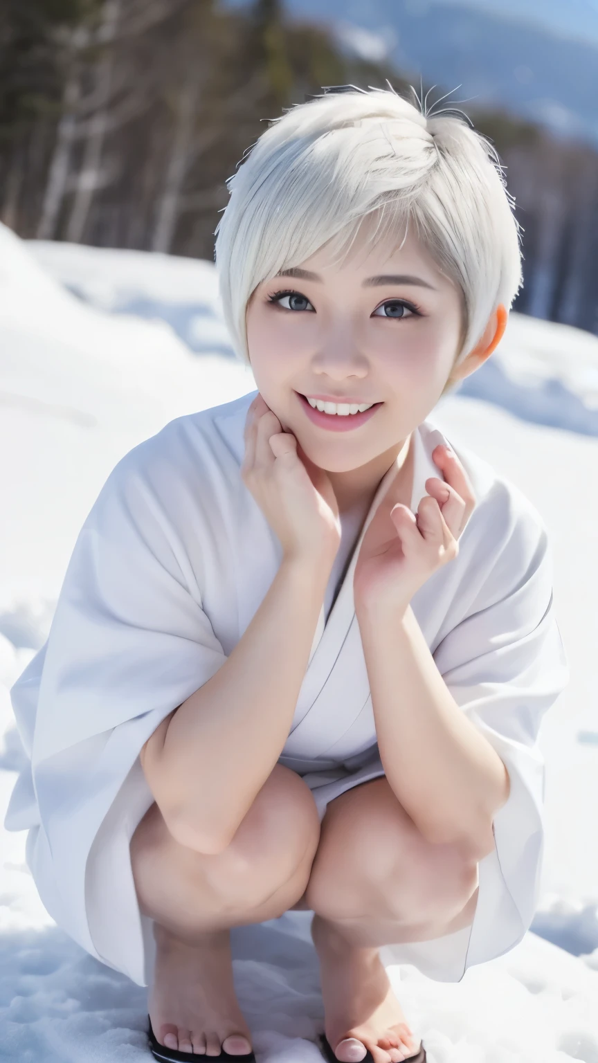 ((Best-quality, Masterpiece, Ultra-High-Resolution, (Photorealistic:1.4), Raw-Photo, Extremely-Details, Perfect-Anatomy)), 1girls, 18-years-old, the most popular Japanese-idol, squatting at heavy-snowy-mountain, paw-pose, grinning, open mouth, extremely cute face like a most famous Japanese-idol, extremely beautiful big-black-eyes, (((((extremely beautiful white-short-cut-haired))))), extremely beautiful lips, extremely beautiful white-teeth, extremely beautiful white-skins, wearing only white-KIMONO, detailed heavy-snowy-mountain, detailed white-KIMONO, detailed paw-pose