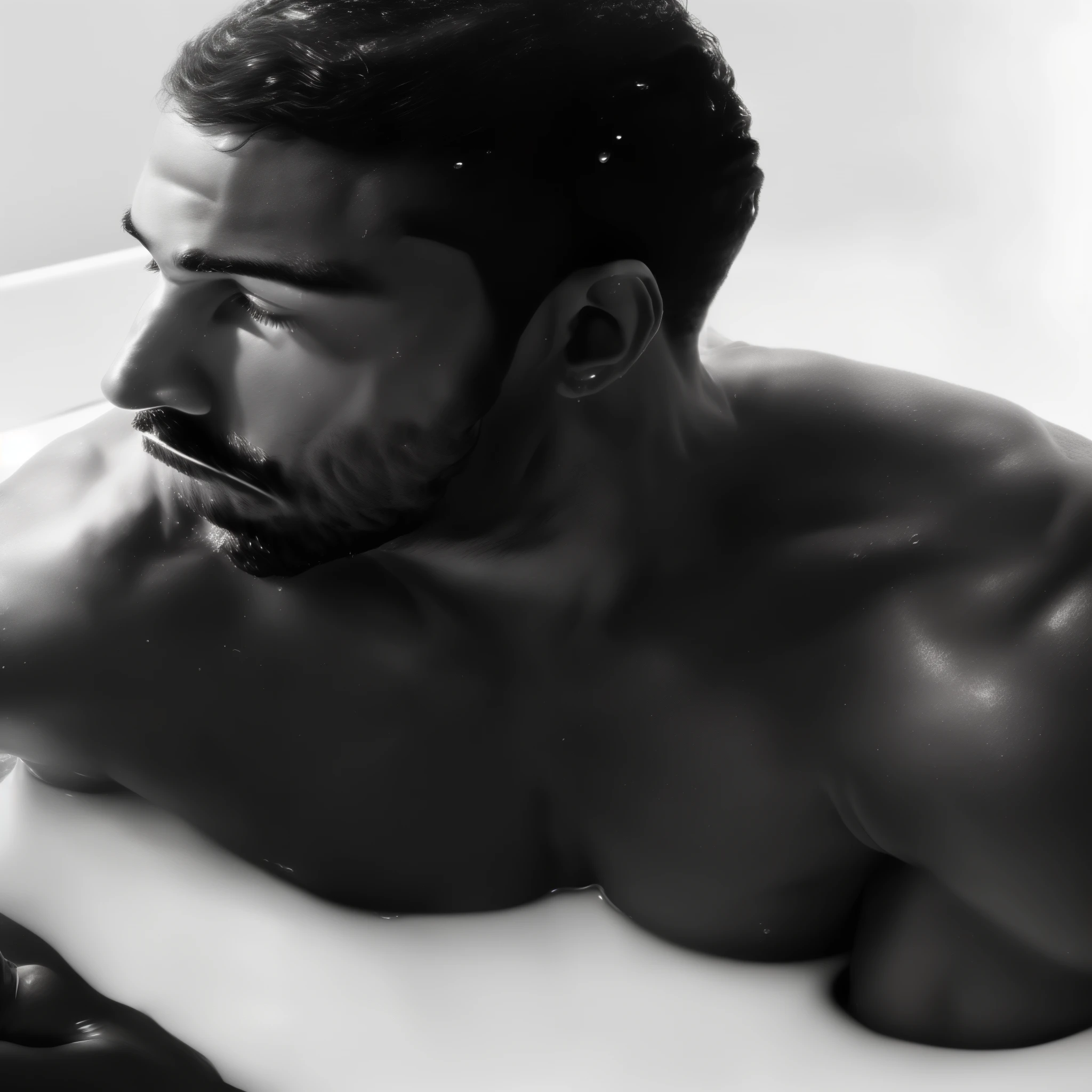 faaris azura laying in a bathtub with a glove on his hand, oil bath, faaris azura with dark skin, water dripping off him, wet hairy bodies, frank ocean, sexy gaze, wet boody,  milk - bath effect, faaris azura shirtless, profile image