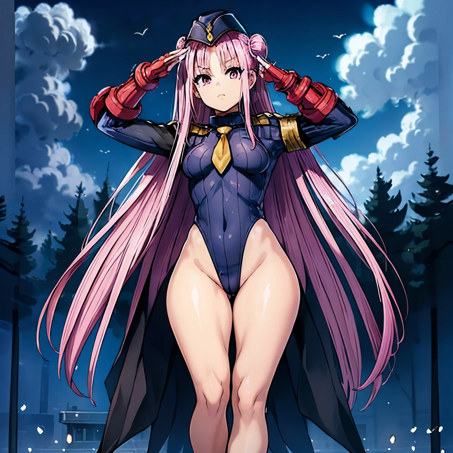 ultra-detailed, Explicit, Beautiful body, Beautiful Nose, Beautiful character design, perfect eyes, perfect face, ultra highres, 4K, beautiful legs, perfect legs, Nice hands, Perfect hand, Masterpiece, Best Quality, Highly detailed, illustration, absurdres, street fighter, doll suit, shadaloo doll, dollsuit, girls, multiple girls, expressionless, blank eyes, looking at viewer, red gloves, emotionless, black latex, corrution, mind control, female combatant, full body, hypnotized, unhappy trance, full body suit, ribbed bodysuit, both arms at side, stand up straight, obey, perfect female body, extremely glossy latex, hypnosis, hypnoLora, empty eyes, Mind control device, poses, submissive_pose, Slave, hat, necktie, stand up straight, standing, standing at attention, hat, necktie, belt, extending the right arm from the shoulder into the air with a straightened hand, nazi saluting, military, military saluting, salute, right hand saluting, left hand at side, latex, ribbed bodysuit, wide hip, thicc, a curvy body, Heaven burn red, pink hair, long hair, kunimi tama 