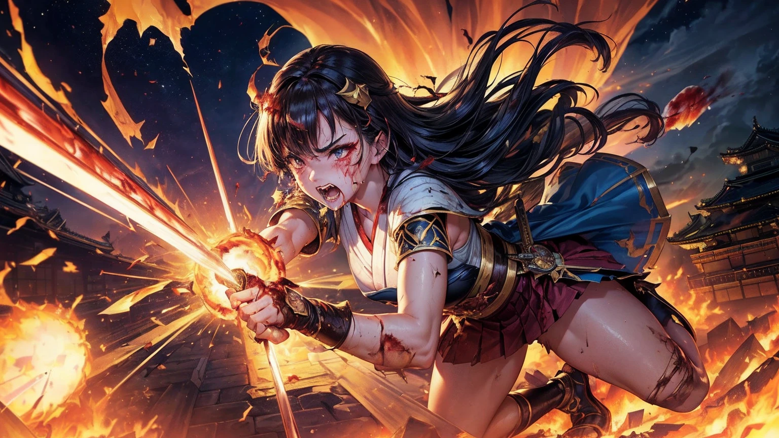 masterpiece,8k,best quality,ultra detailed,ultra highres,(1 Female kunoichi with 1Fairy),(swinging a shinning katana),(Equip a japanese armor),(rage:0.6),(full body shot:1.2),close mouth,black hair,Very Long Hair,brown eye,straight hair,(fire:1.1),(Burning-Edge:1.2),(sunrise),(((japanese castle))),(((courtyard))),(Shimmering Nightscapes),(Cosmic Whirl:1.0),(((Heroic pose))),(full lips:1.2),(Radiant Flares:1.2),(((burning-edge:1.3))),(((war))),(((assault:1.3))),(((run:1.2))),(((damaged:1.5))),(((blood dripping from mouth:1.0))),(((profuse bleeding:1.5))),(((sweat:1.1))),(((gritting teeth:1.2)))