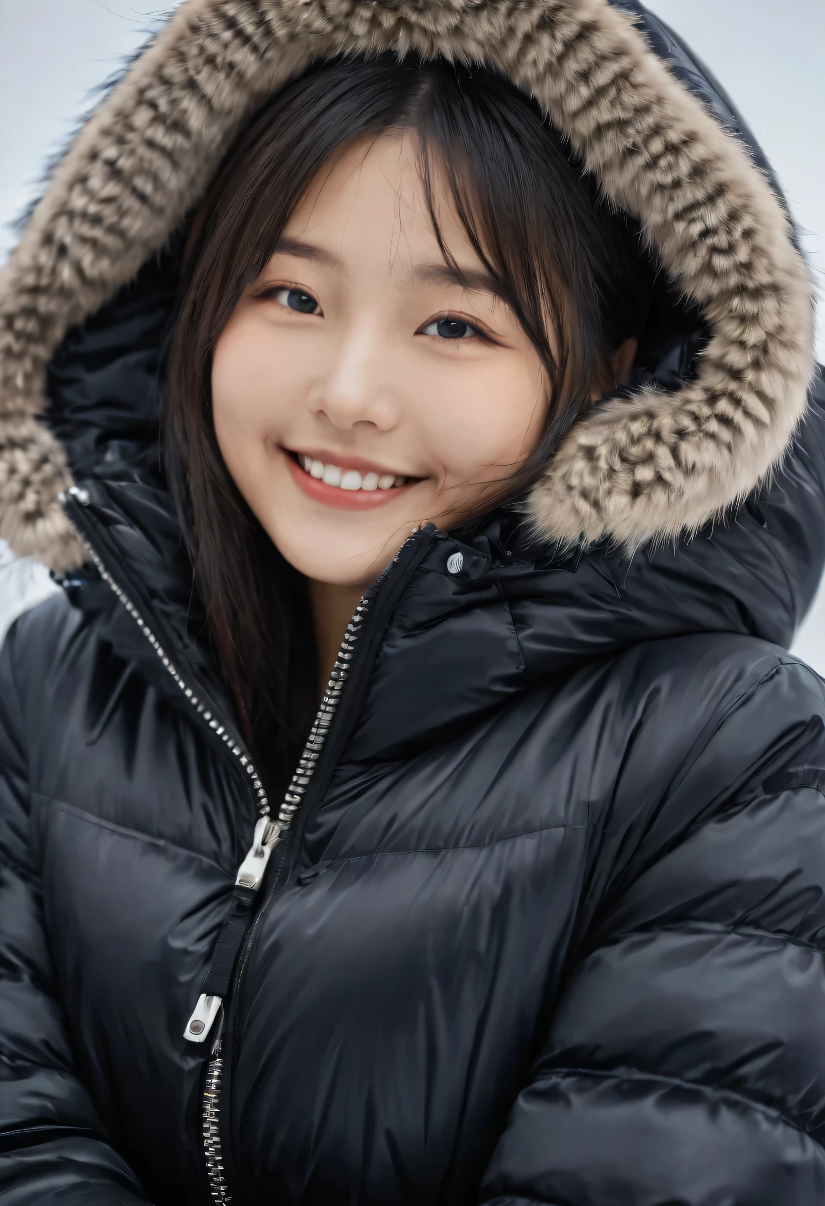 ((best quality)), ((masterpiece)), (detailed), perfect face, beautiful 16 year old Japanese woman, silk tight black moncler puffer coat, seductive, face and body focus, smiling, happy, pov, curvy figure, tight puffer coat, fur hood