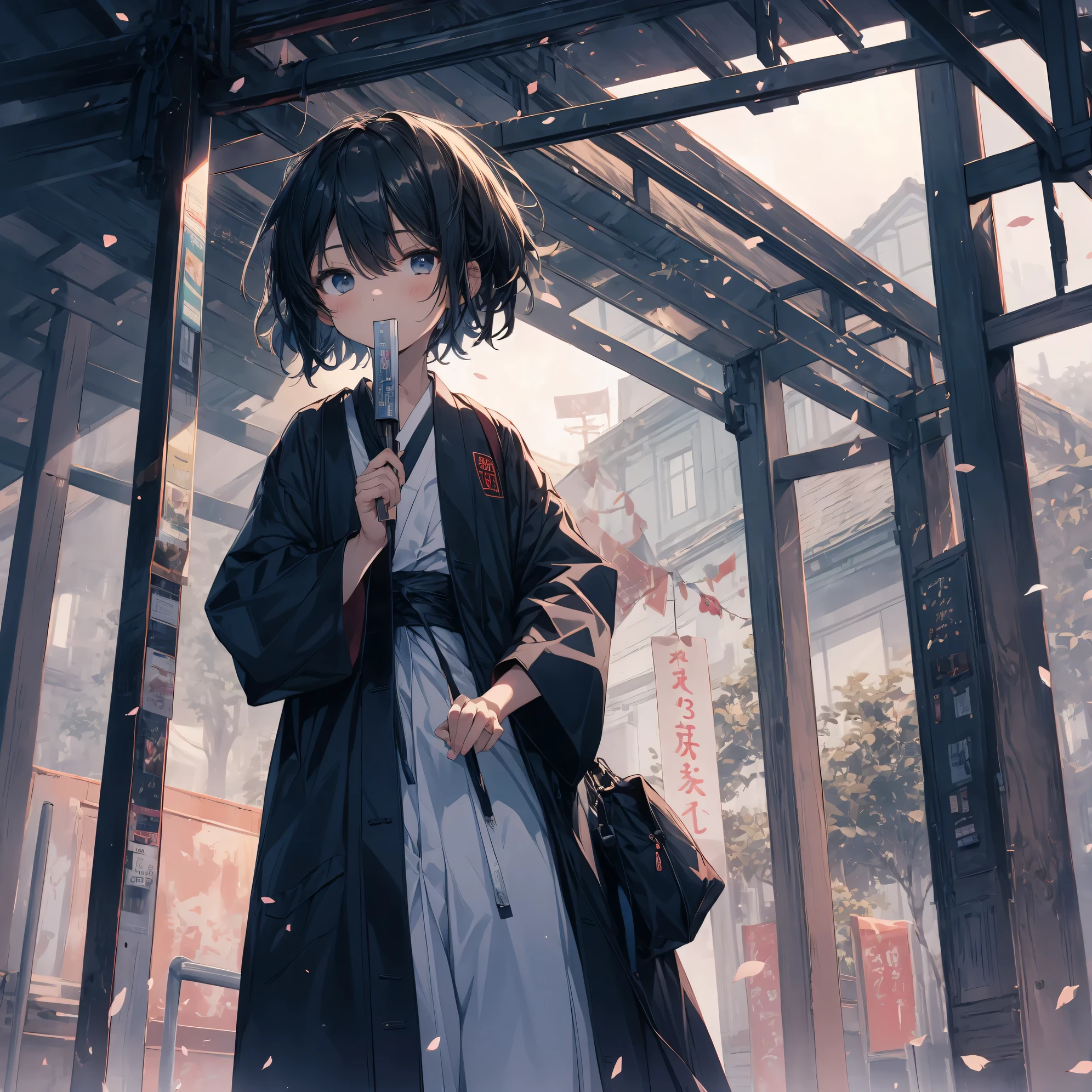 Super high quality by the art god, super detailed, High resolution, gwai's style, anime moe art style, best anime 8K konachan wallpaper, pixiv contest winner, perfect anatomy, break, (Please draw a sleepy girl walking alone inside the torii gate.. ),break, surreal shrine maiden girl, (alone,change,child,:1.3),All limbs, full finger,Junior shrinen school student, anm, (very, very short hair), messy hair, flat and soft chest, small ass, between legs, small eyes,beautiful detailed black eyes, Well-proportioned iris and pupils, disgusted eyes, High resolutionの詳細な髪,Wearing a Japan priestess costume, in the same way,At a Japanese shrine. break,super dense skin, Best lighting by famous artists, 8K, figure,