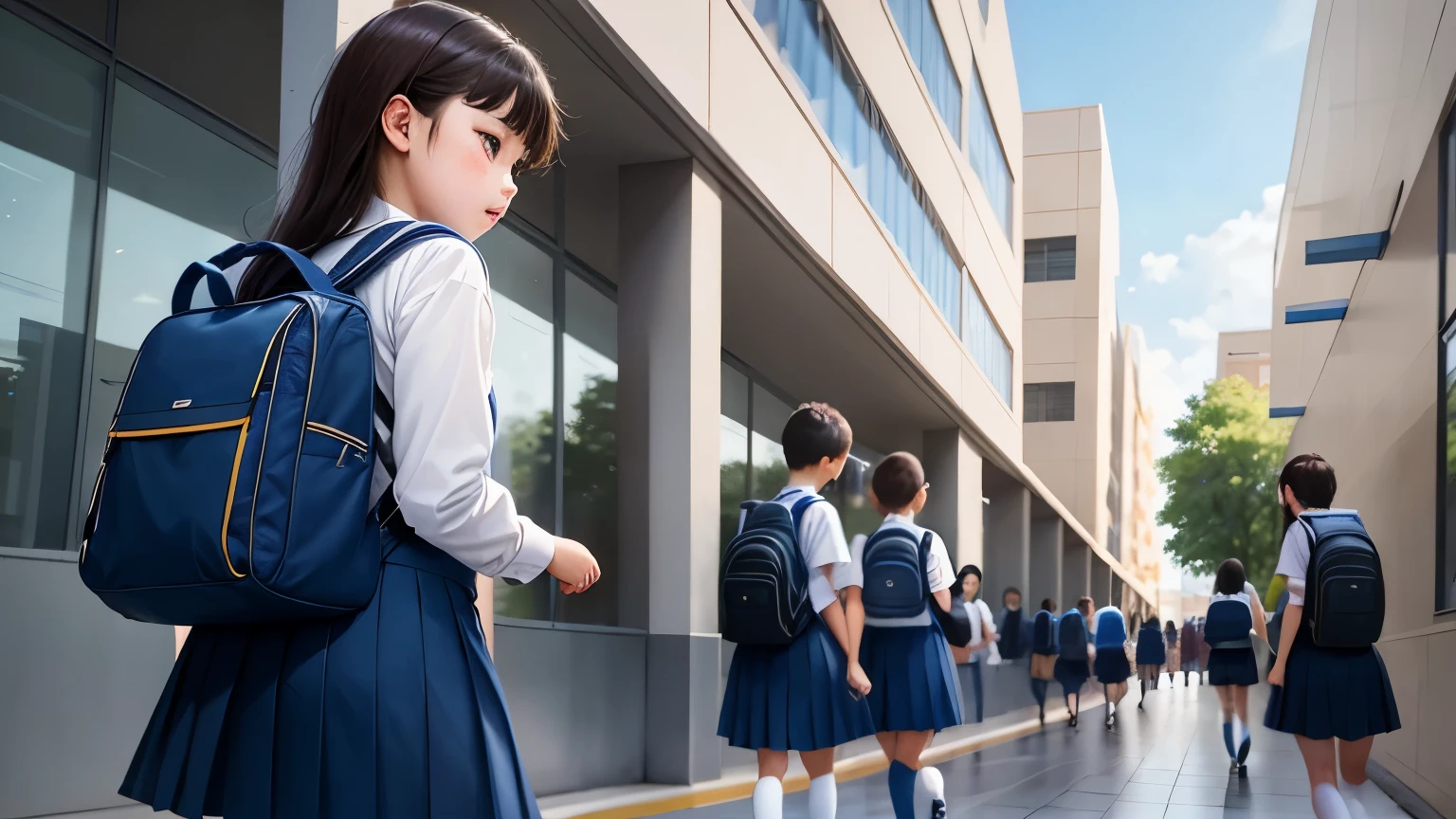 A group of primary school students playing in the campuhausted,tired,sad, depressed,blue school uniform,Children carrying schoolbags,HD,masterpiece,reality