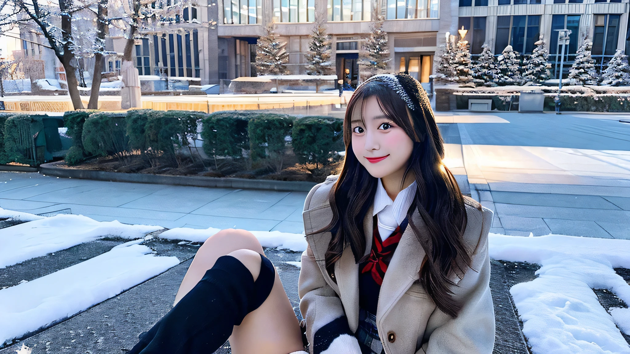 Cute schoolgirl in miniskirt, 18-year-old、The background is a winter city