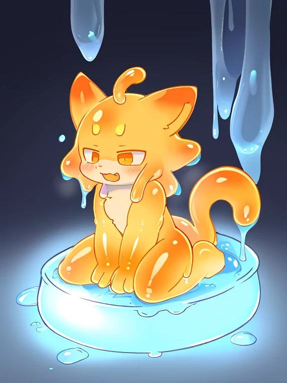 A male light orange cub,Only the head exposed in a bucket 充满银色slime,被slime覆盖,slime,light orange cuollars,被slime覆盖,Fell((充满银色slime)),kneeling,拿银色slime倒在脸上